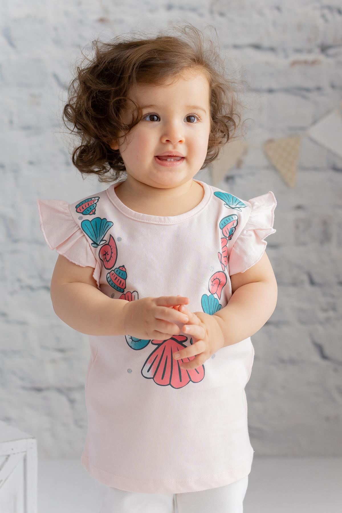 Kız Bebek Deniz Kabuğu Baskılı Kolları Fırfırlı T-shirt