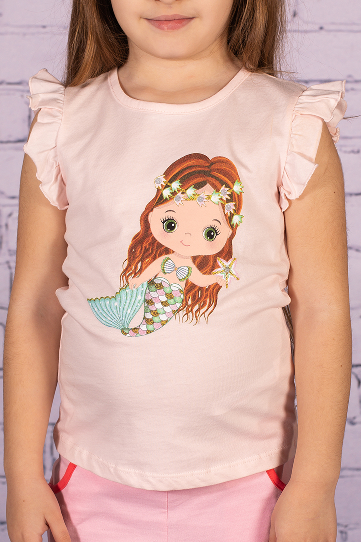 Kız Bebek Deniz Kızı Baskılı Pembe Kolları Fırfırlı T-Shirt