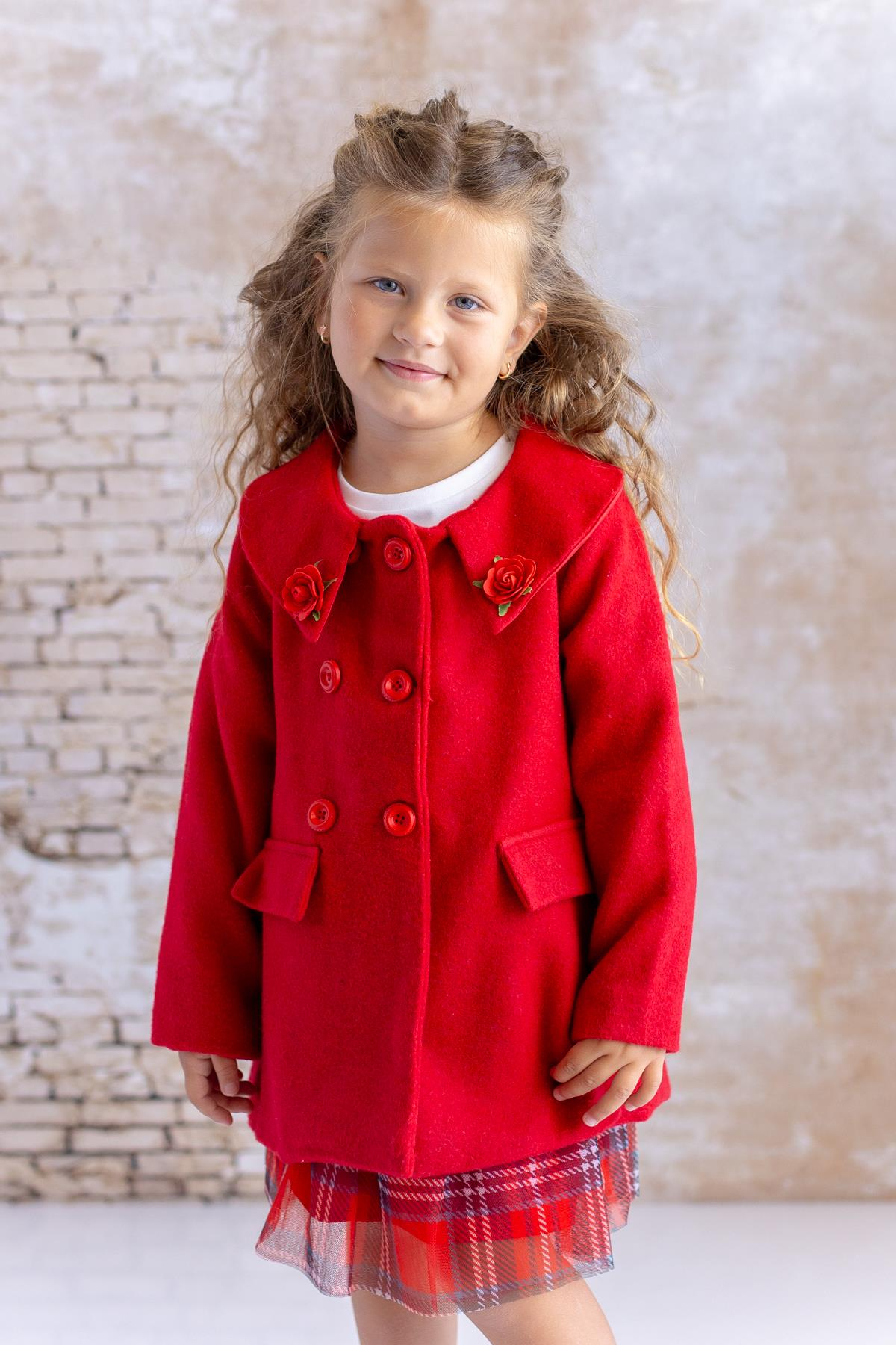 Kız Bebek Gül Detaylı Kaşe Kaban - Kırmızı