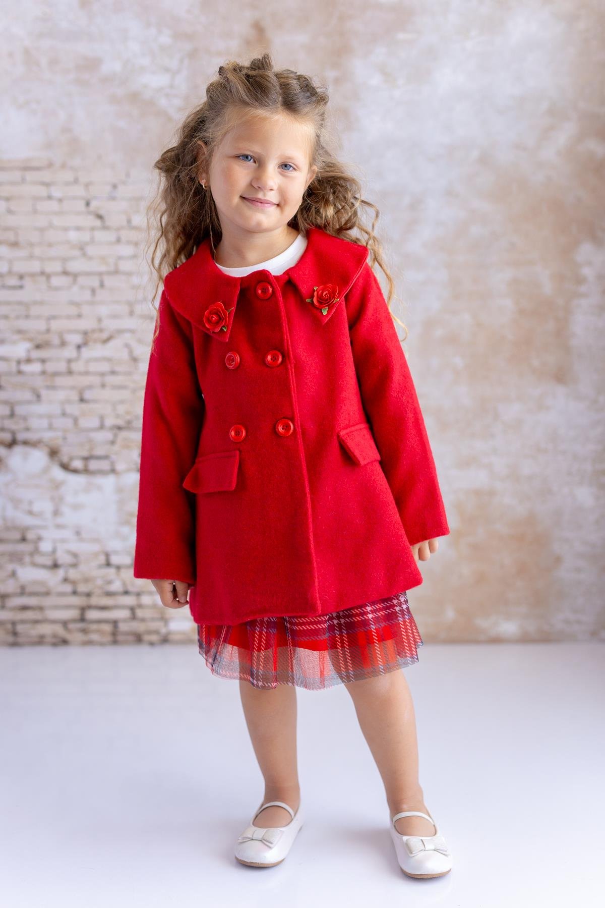 Kız Bebek Gül Detaylı Kaşe Kaban - Kırmızı
