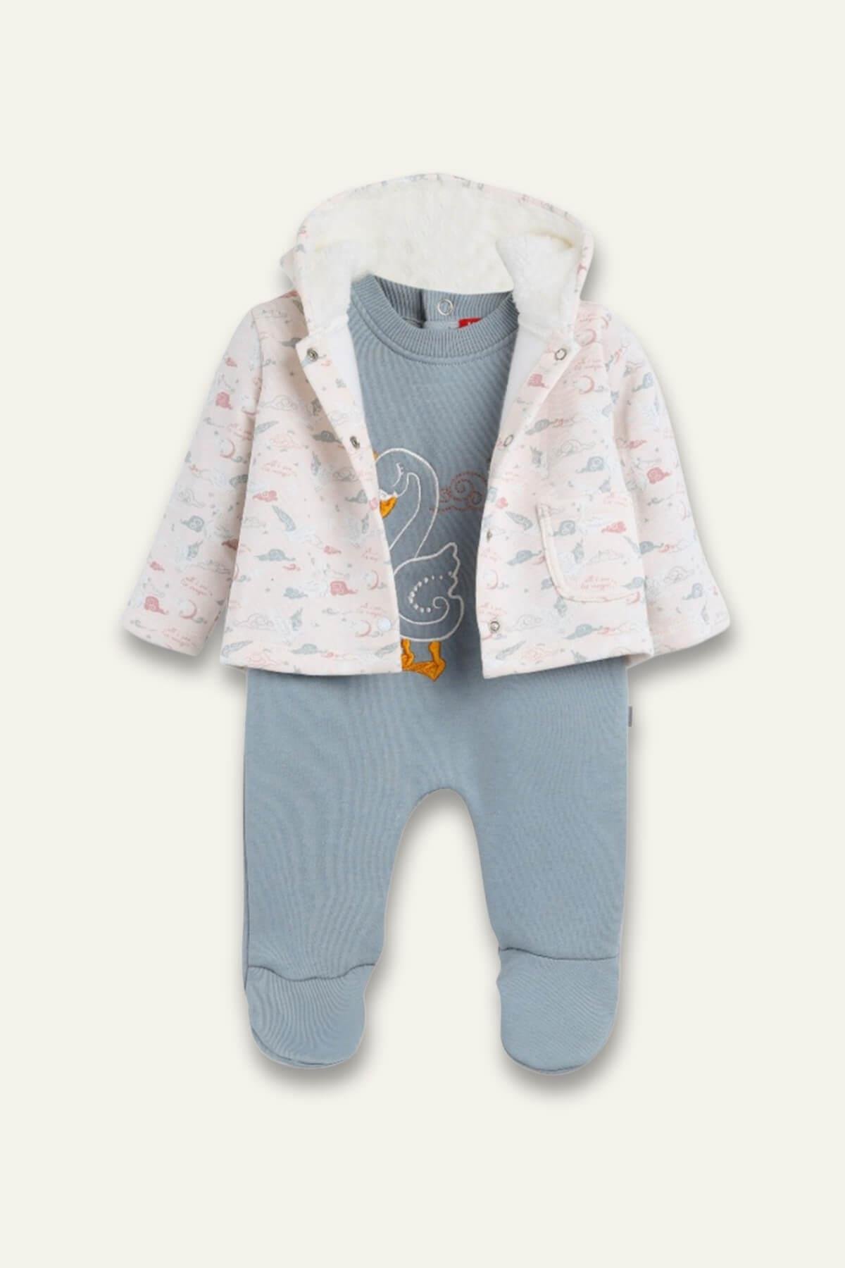 Kız Bebek Kapüşonlu Peluş Ceket ve Kuğu Nakışlı Tulum İkili Takım - Pembe