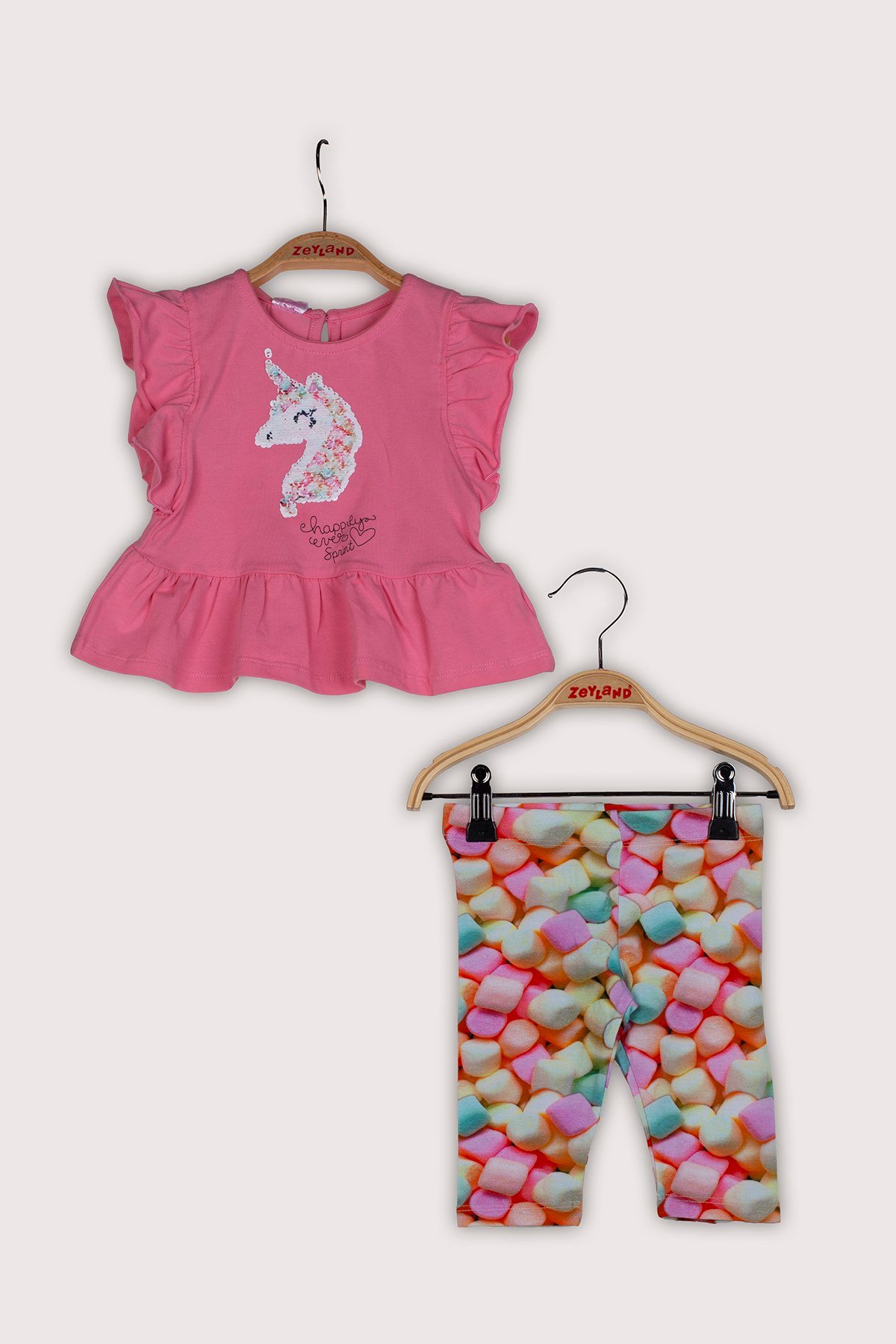Kız Bebek Kolları Fırfırlı Pullu T-Shirt ve Tayt Takım (12ay-5yaş)