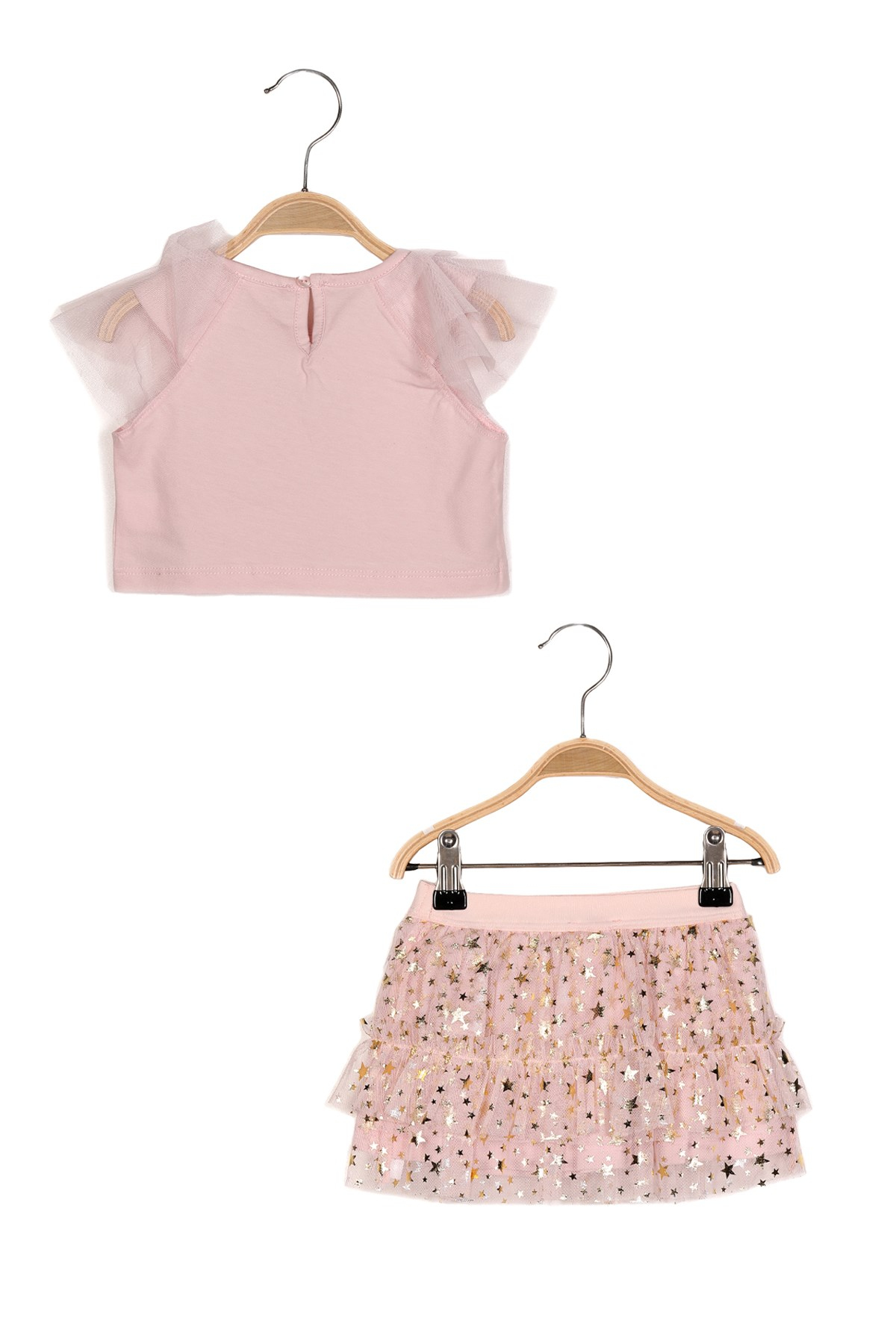 Kız Bebek Kolları Tüllü Crop T-shirt ve Sarı Yıldız Baskılı Tüllü Etek Takım
