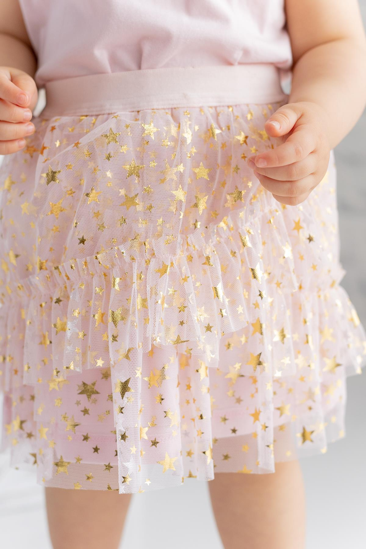 Kız Bebek Kolları Tüllü Crop T-shirt ve Sarı Yıldız Baskılı Tüllü Etek Takım