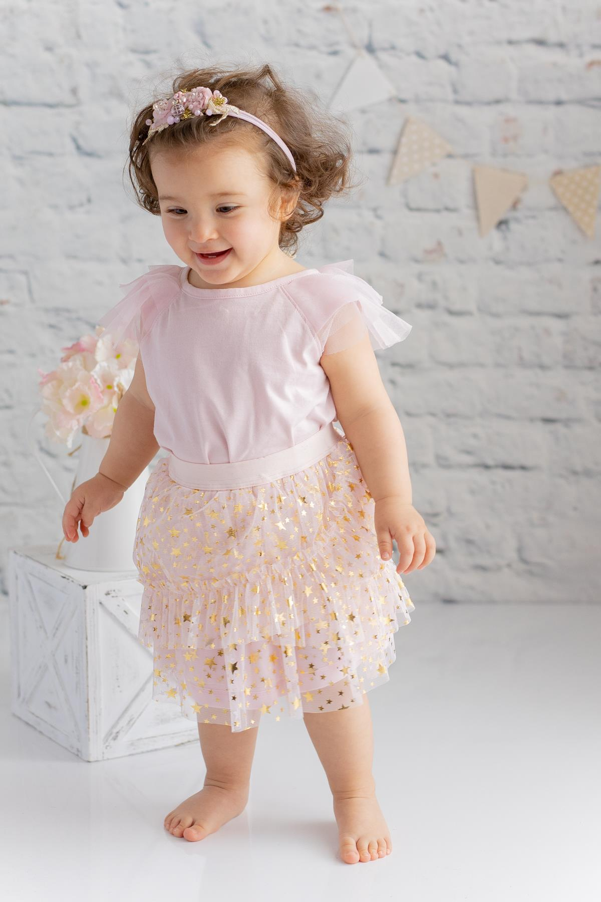 Kız Bebek Kolları Tüllü Crop T-shirt ve Sarı Yıldız Baskılı Tüllü Etek Takım