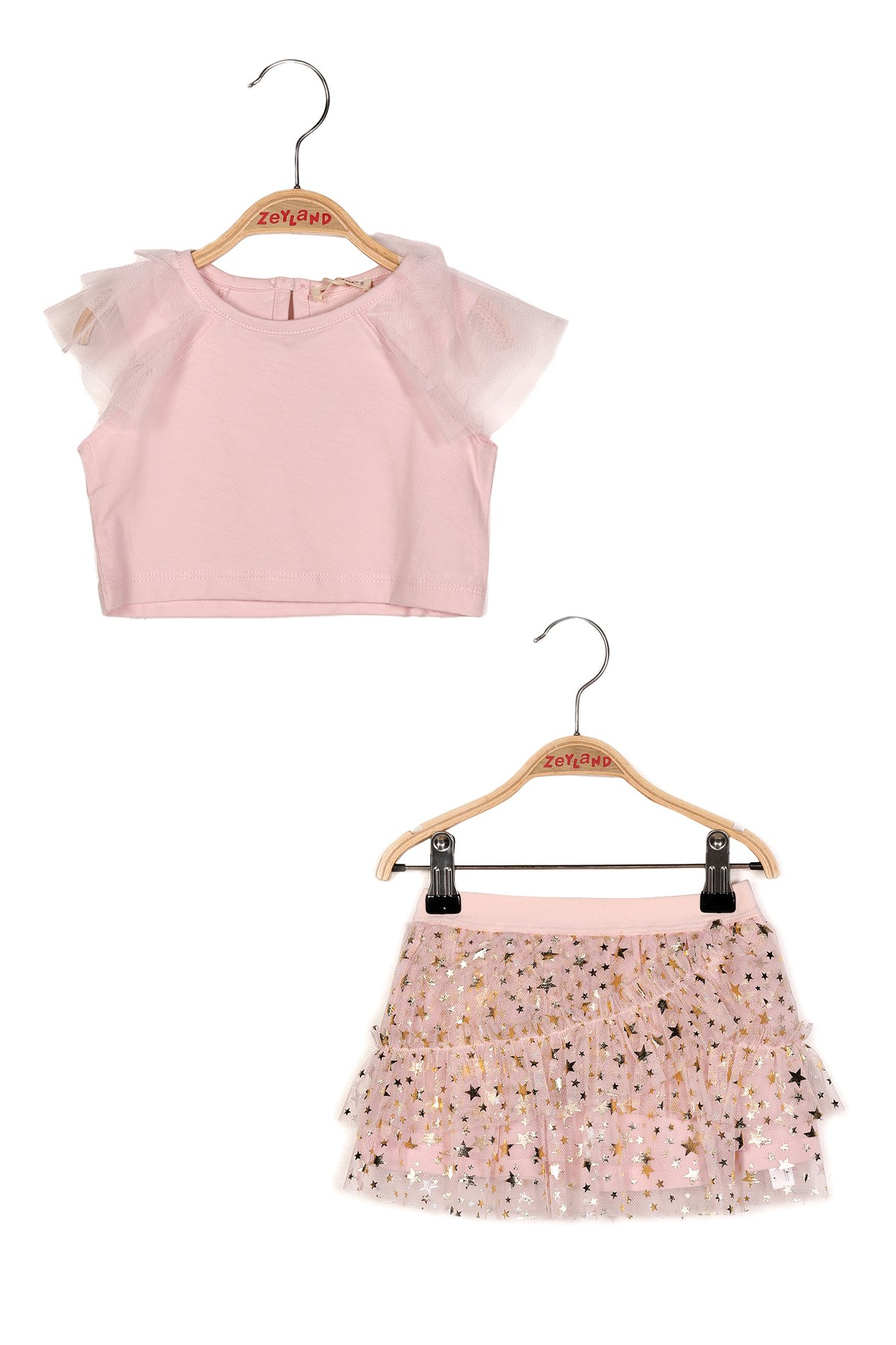 Kız Bebek Kolları Tüllü Crop T-shirt ve Sarı Yıldız Baskılı Tüllü Etek Takım