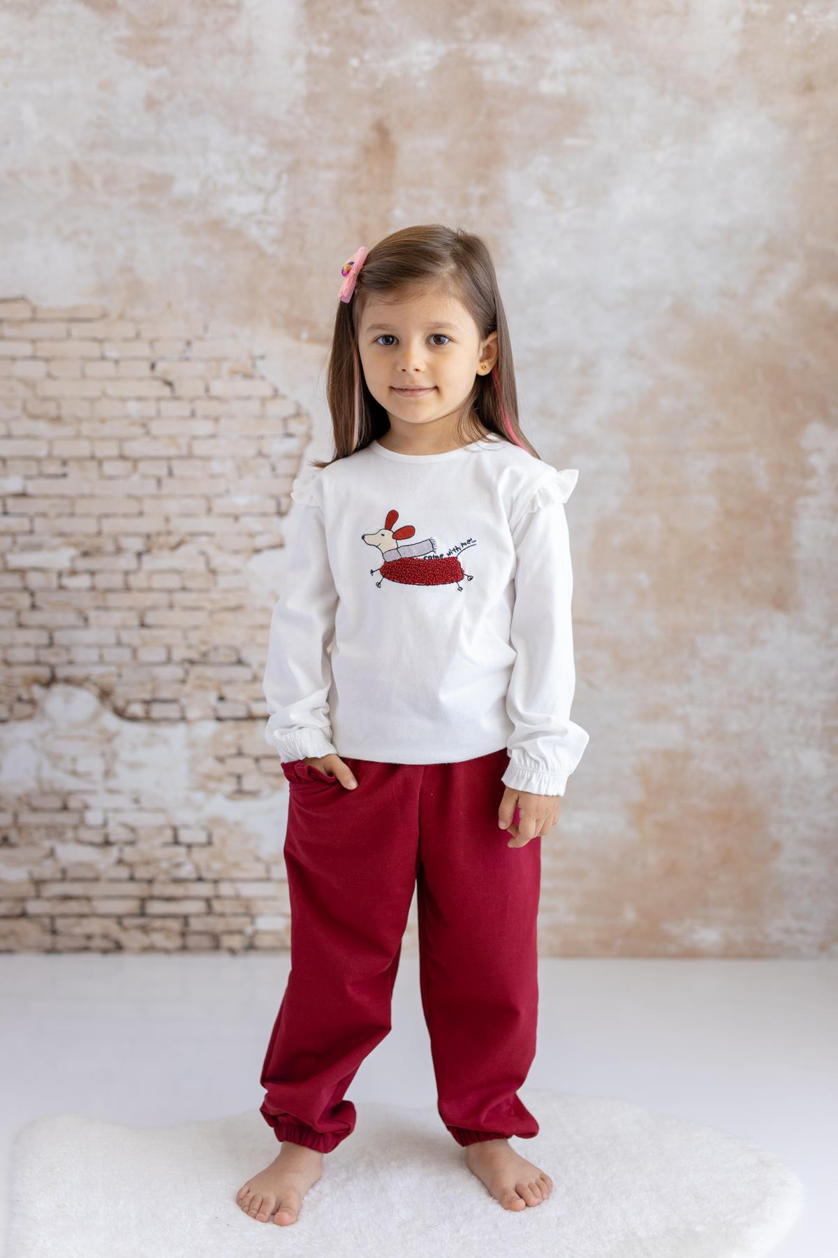 Kız Bebek Köpek Nakışlı Uzun Kollu T-Shirt - Skasar