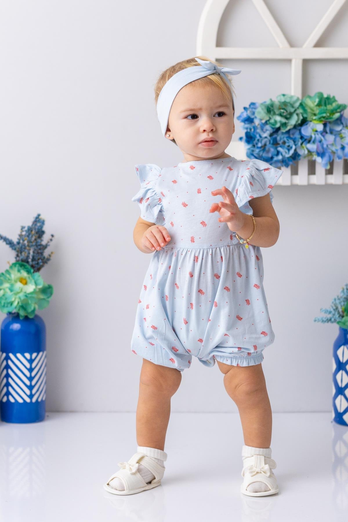 Kız Bebek Mercan Desenli Kısa Tulum - Desenli