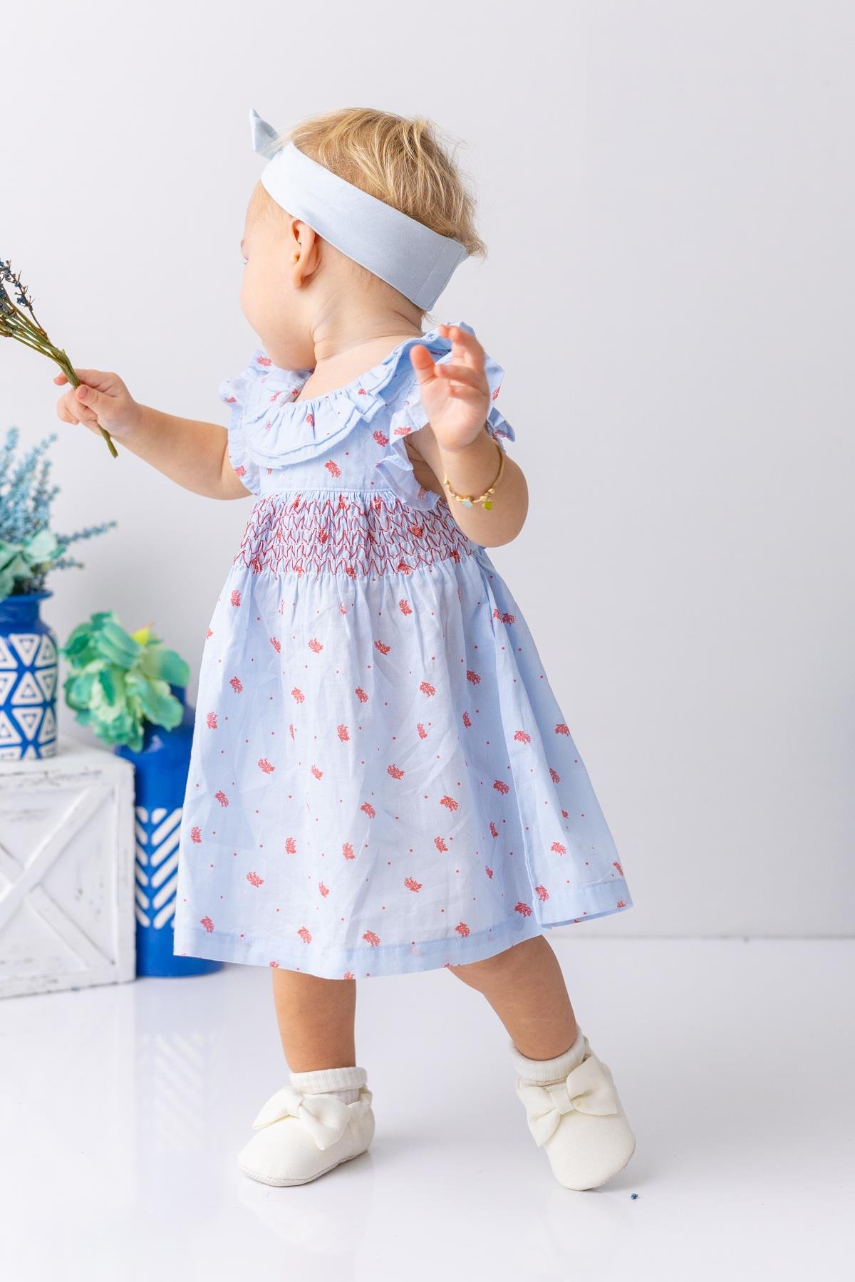 Kız Bebek Mercan Desenli Yakası Fırfırlı Gipeli Elbise - Desenli