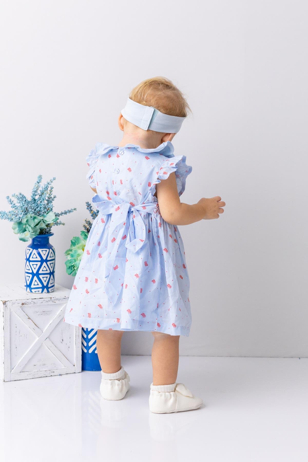 Kız Bebek Mercan Desenli Yakası Fırfırlı Gipeli Elbise - Desenli