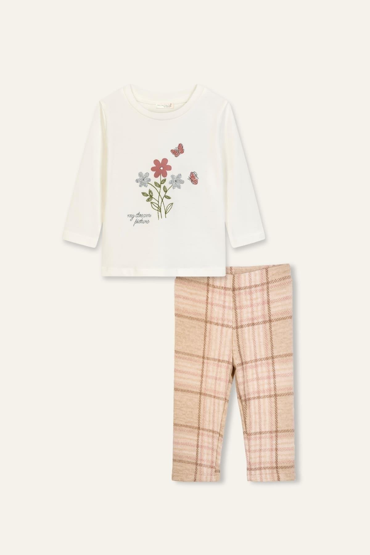 Kız Bebek Nakış Detaylı T-shirt Tayt Takım - Bej