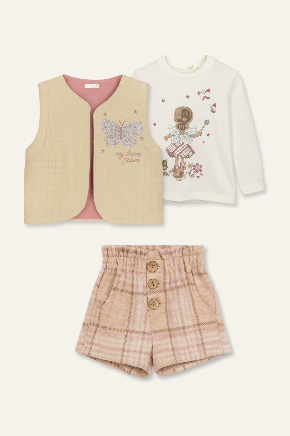 Kız Bebek Nakış Ve Baskılı Şort T-Shirt Yelek Üçlü Takım - Bej