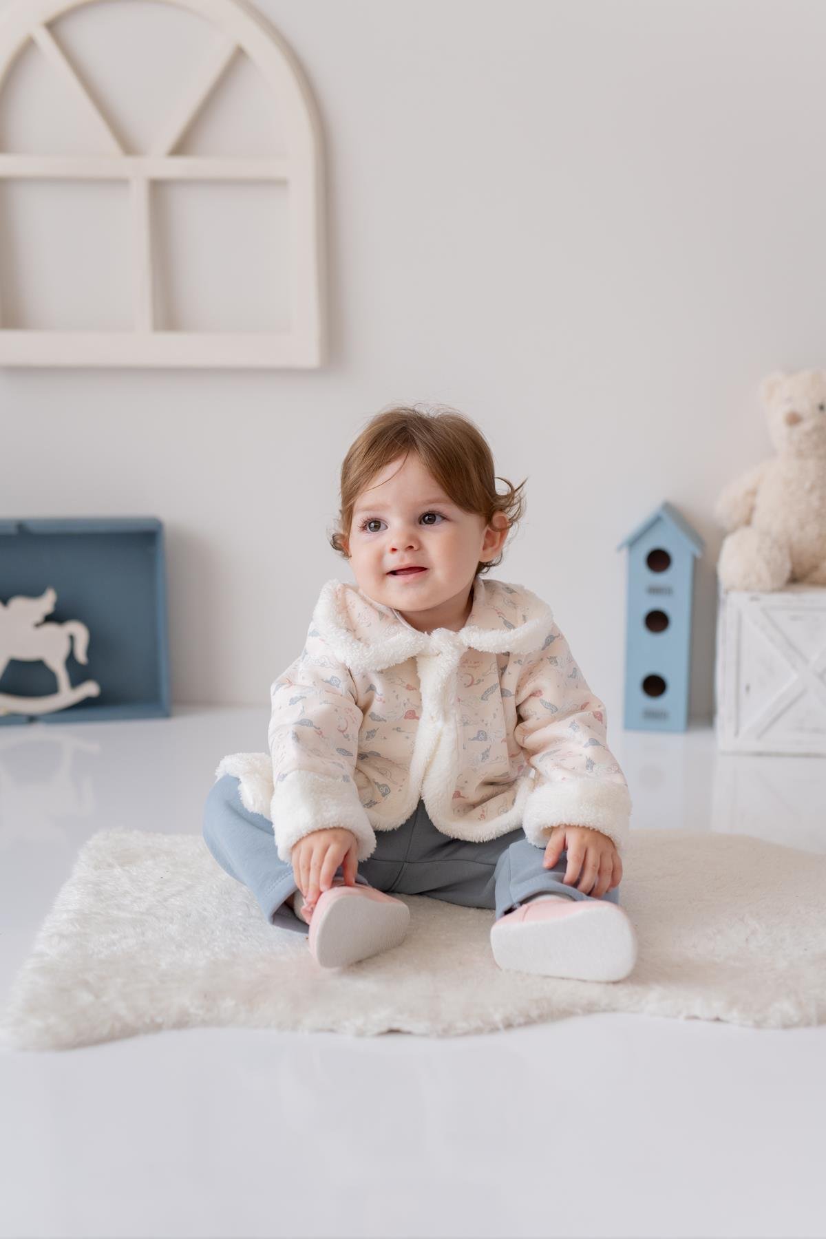 Kız Bebek Peluş Detaylı Üçlü Takım - Pembe