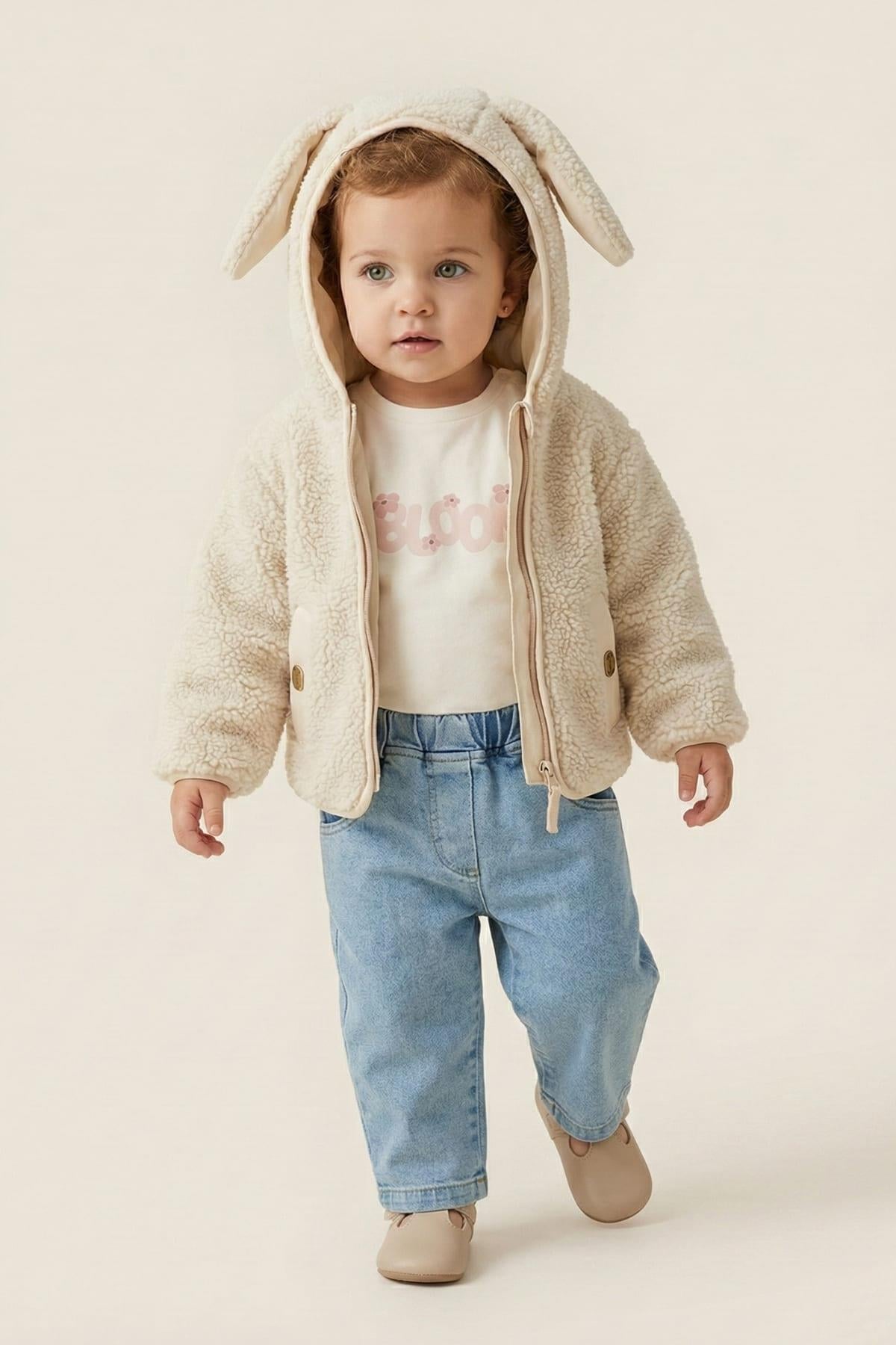 Kız Bebek Peluş Montlu 3'lü Takım  - Bej