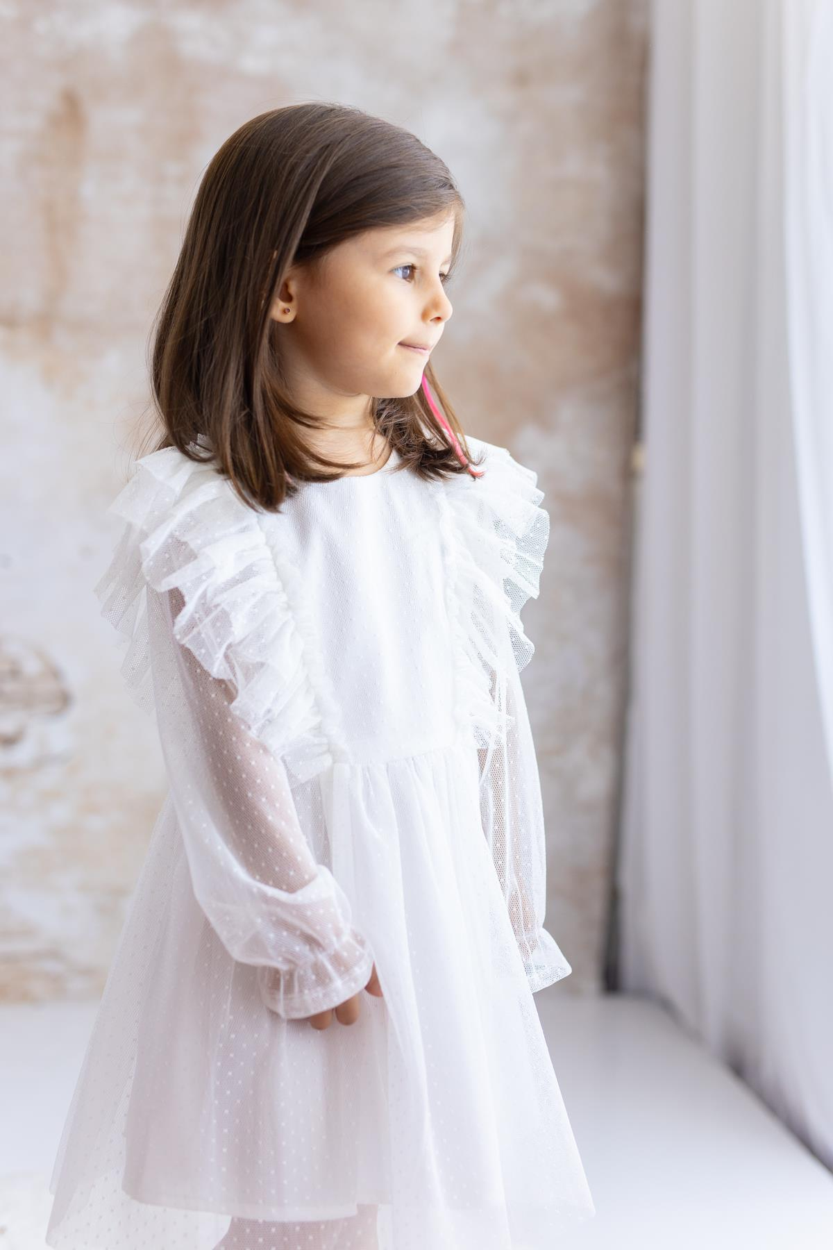 Kız Bebek Puantiyeli Tül Elbise - Ekru