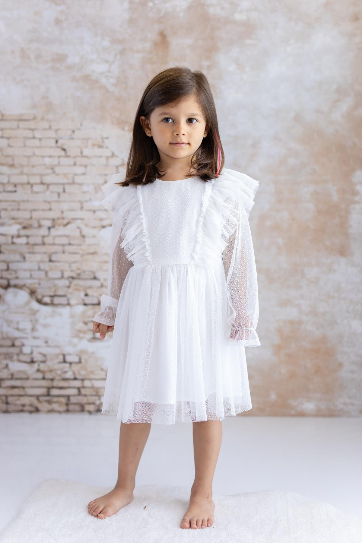 Kız Bebek Puantiyeli Tül Elbise - Ekru