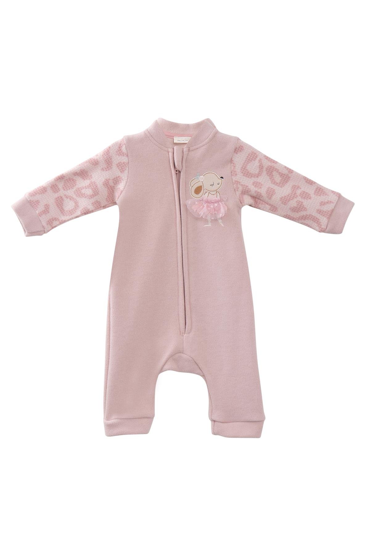 Kız Bebek Tavşan Nakışlı Kolları Garnili Tulum - Pembe