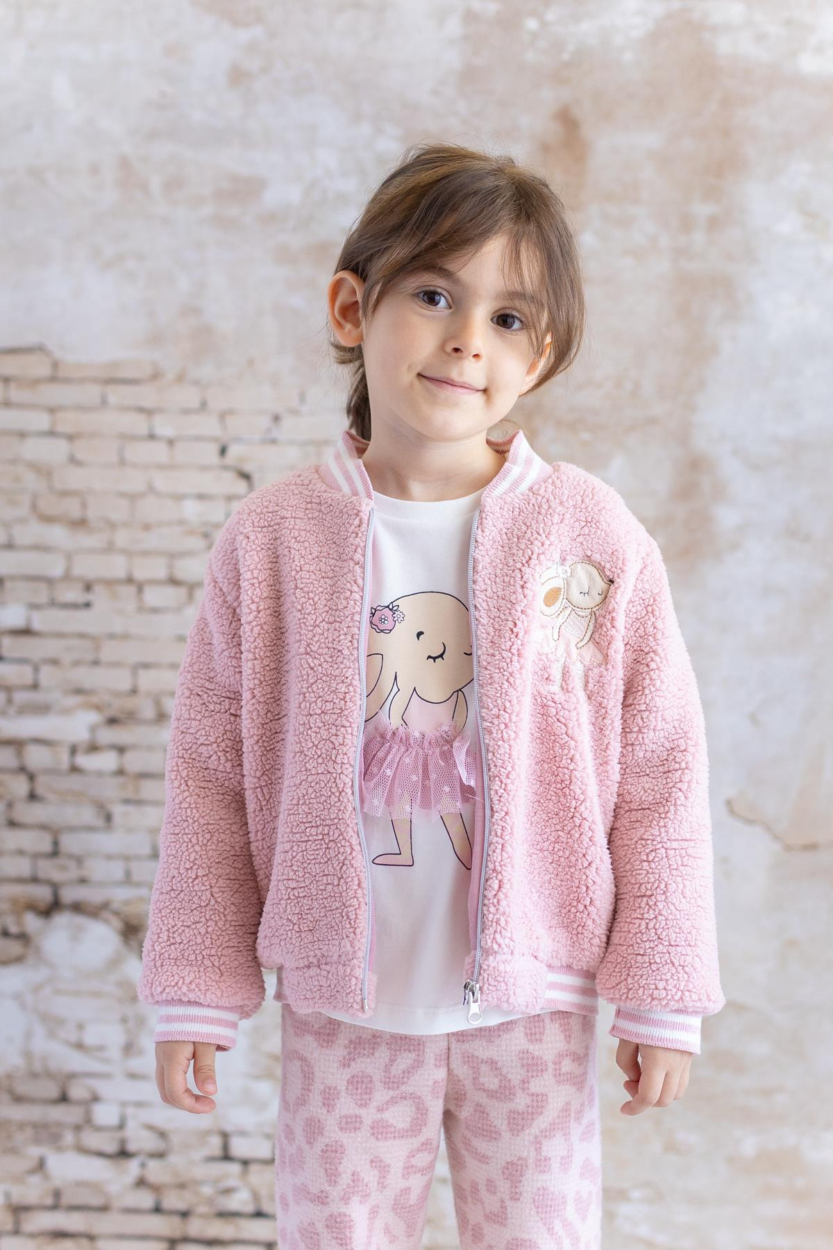 Kız Bebek Tavşan Nakışlı Peluş Mont - Pembe