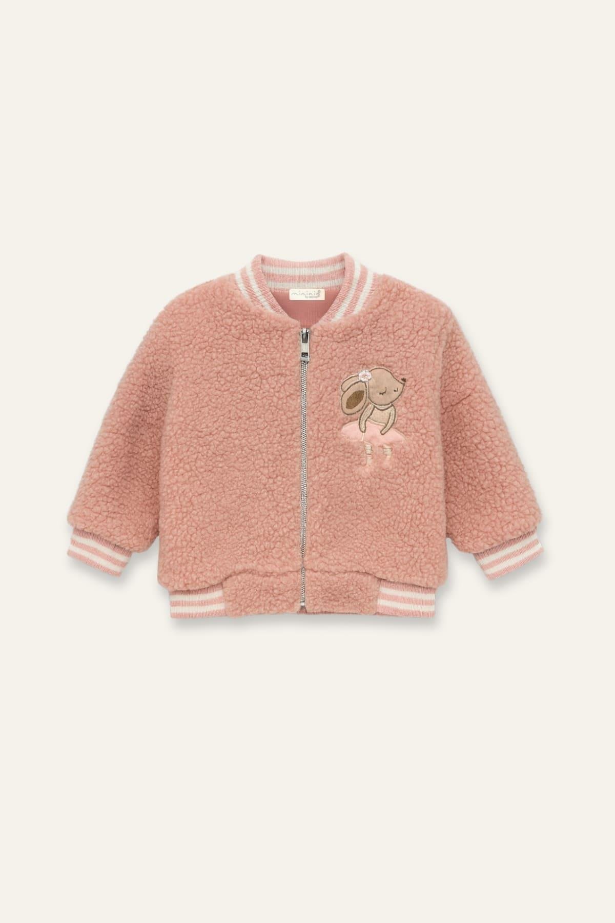 Kız Bebek Tavşan Nakışlı Peluş Mont - Pembe