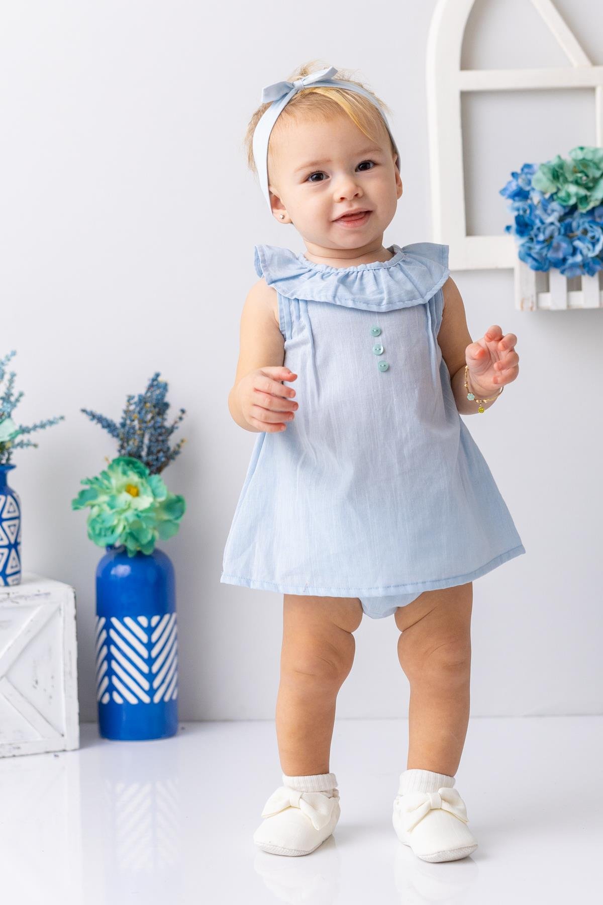Kız Bebek Yakası Fırfırlı Badili Elbise - Açık Mavi