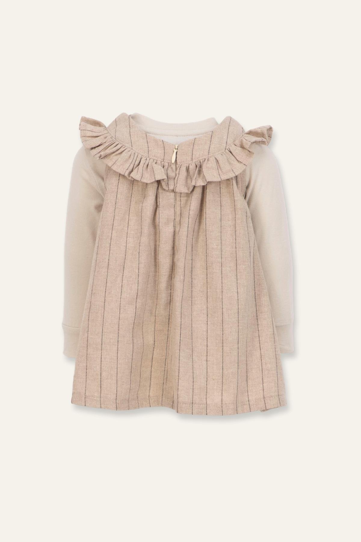 Kız Bebek Yakası Fırfırlı Elbise ve Bluz Takım - Bej