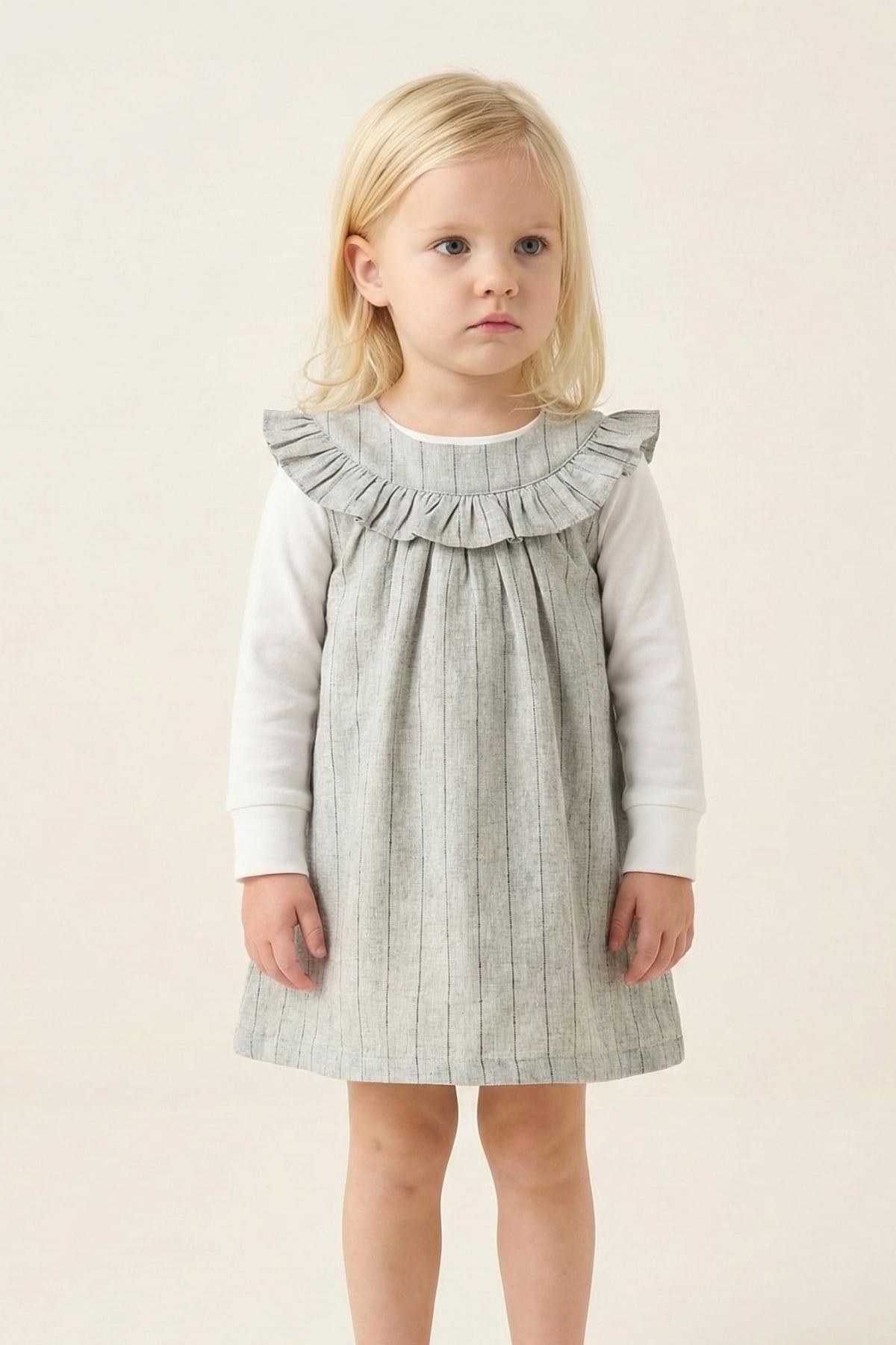 Kız Bebek Yakası Fırfırlı Elbise ve Bluz Takım - Gri