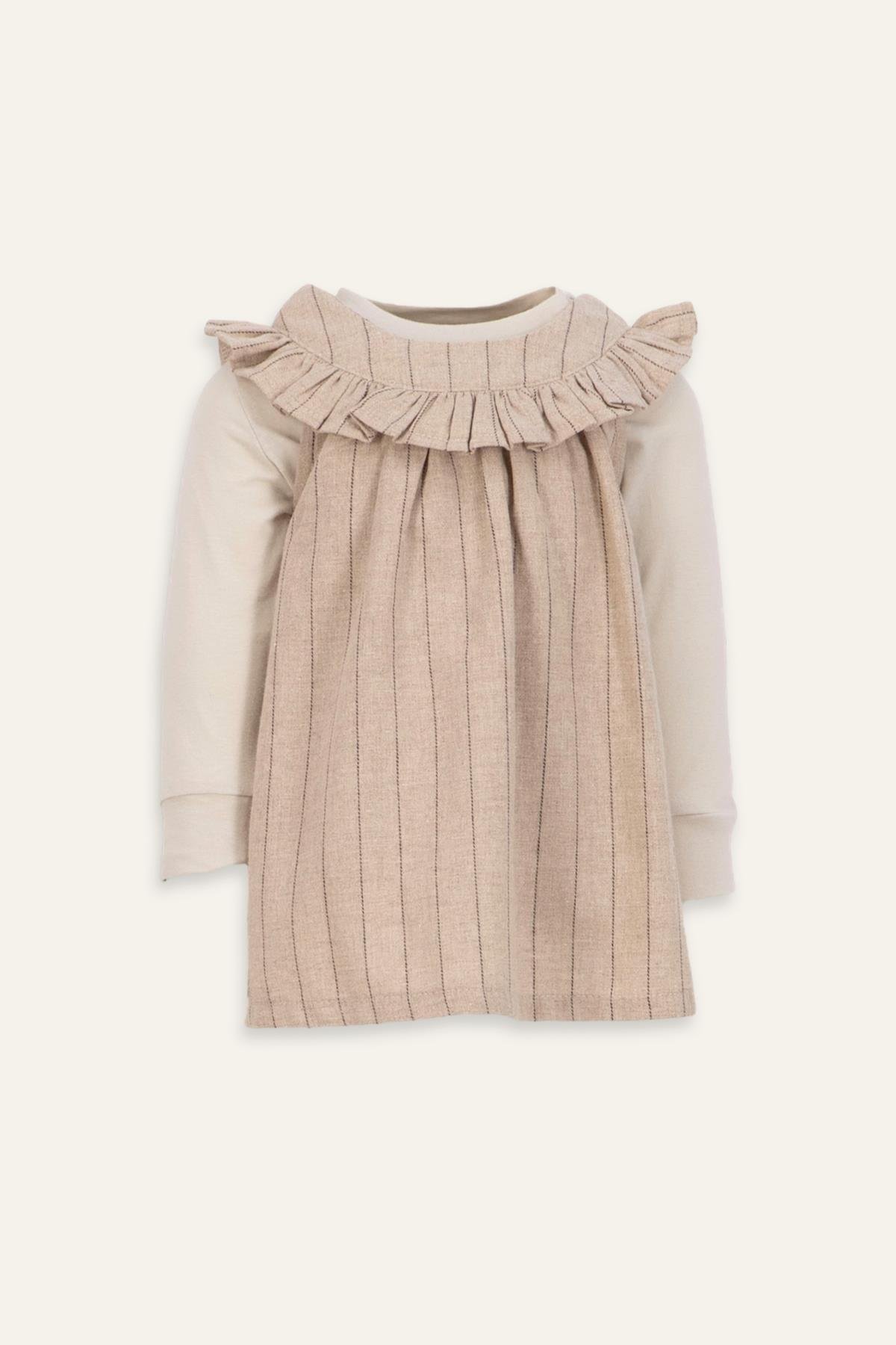 Kız Bebek Yakası Fırfırlı Elbise ve Bluz Takım - Bej