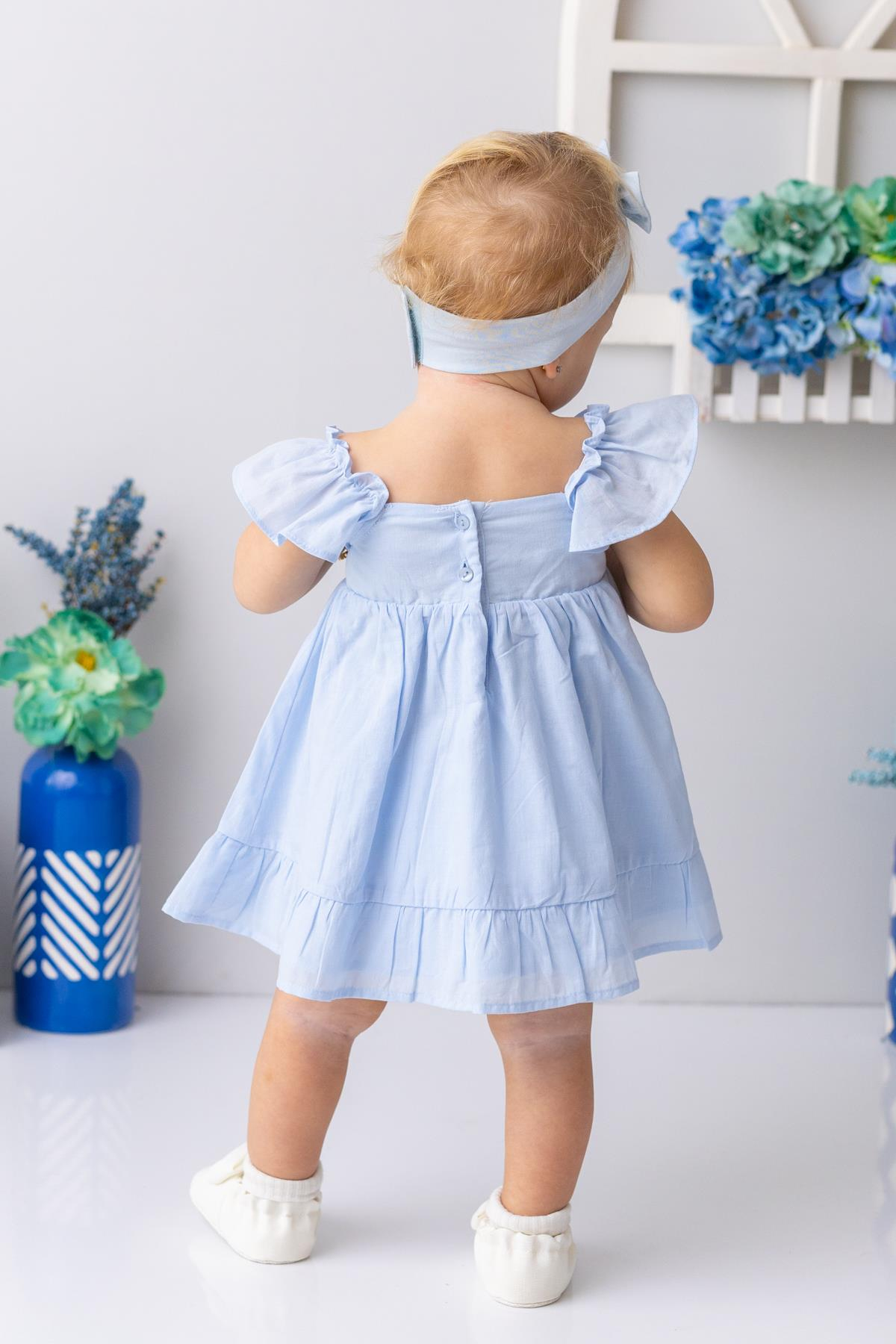 Kız Bebek Yakası ve Eteği Fırfırlı Nakışlı Vual Elbise - Açık Mavi