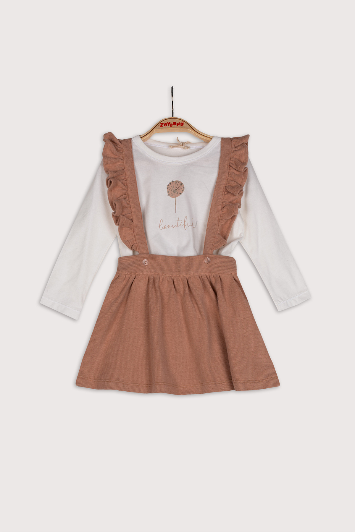 Kiz Cocugu Beyaz T-Shirt Kahverengi Saloped ikili Takim 2Y-7Y
