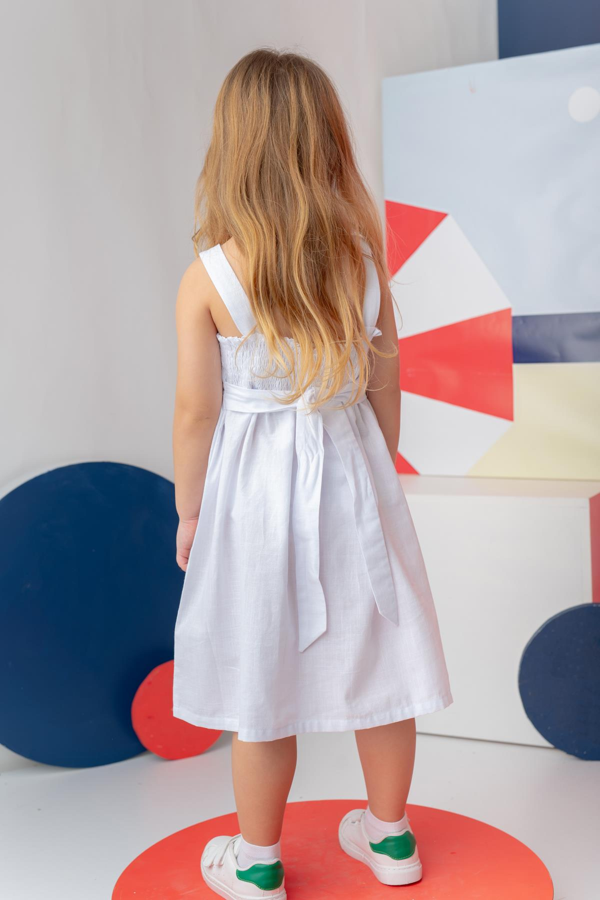 Kız Çocuk Askılı Cepli Midi Elbise - Beyaz