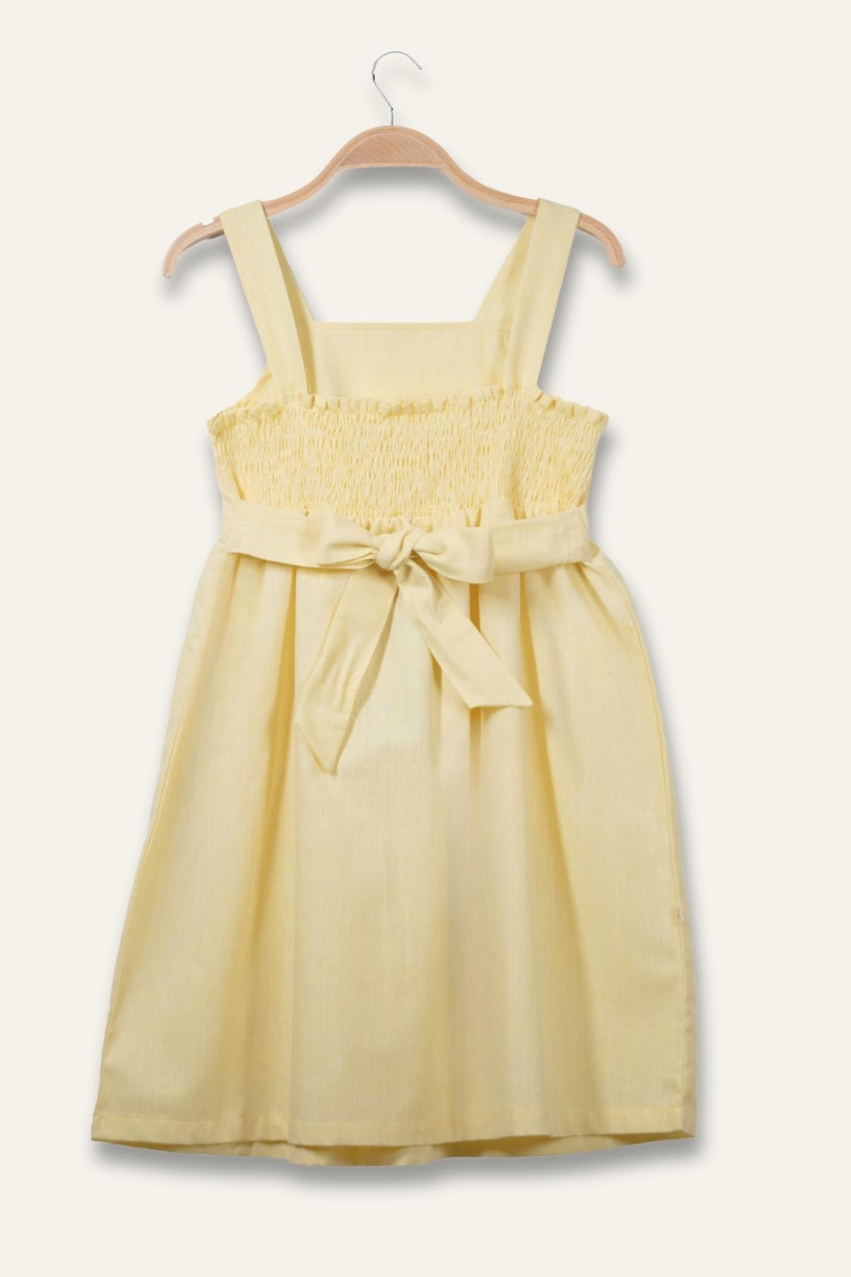 Kız Çocuk Askılı Cepli Midi Elbise - Sarı