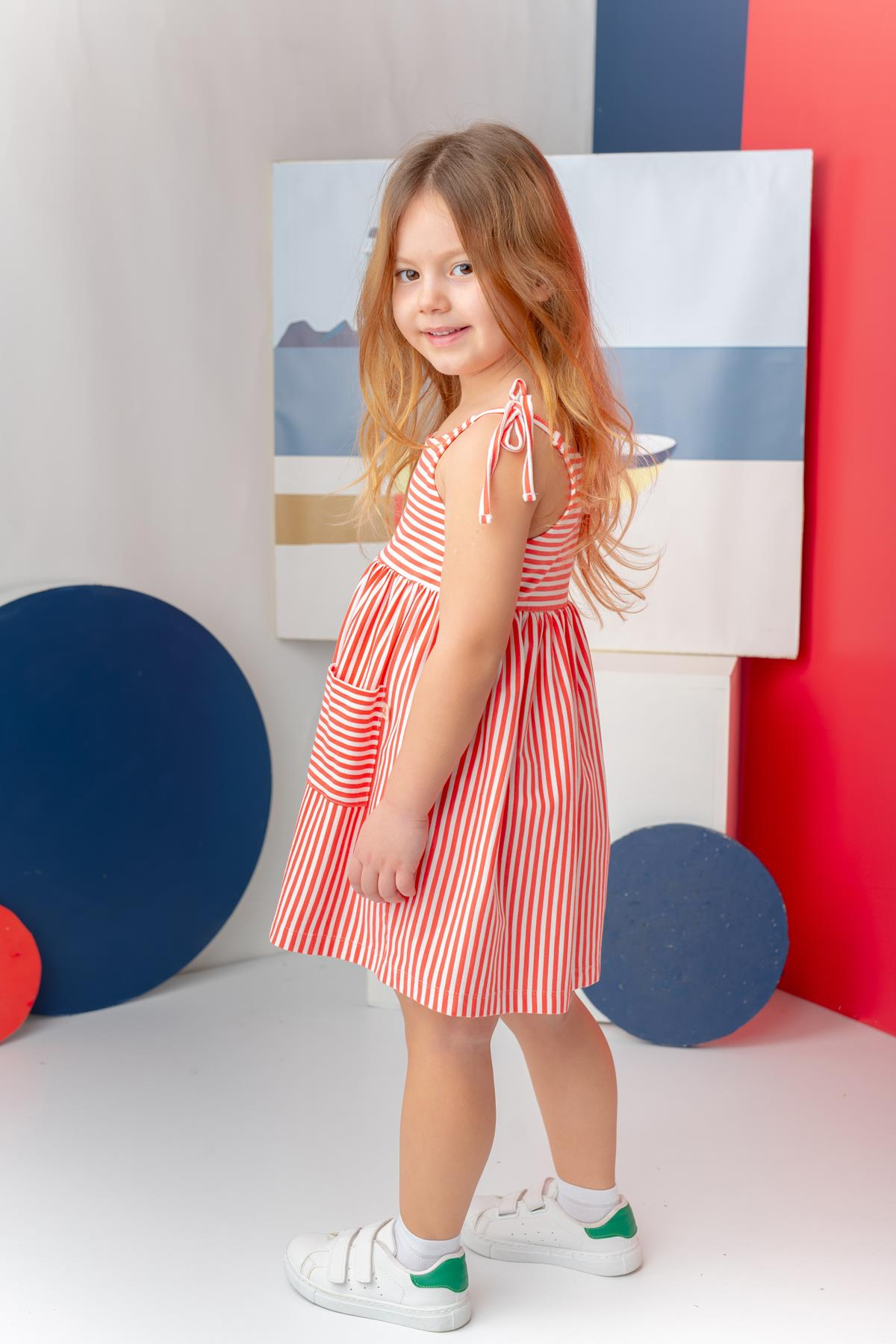 Kız Çocuk Askılı Çizgili Penye Elbise - Coral Çizgili