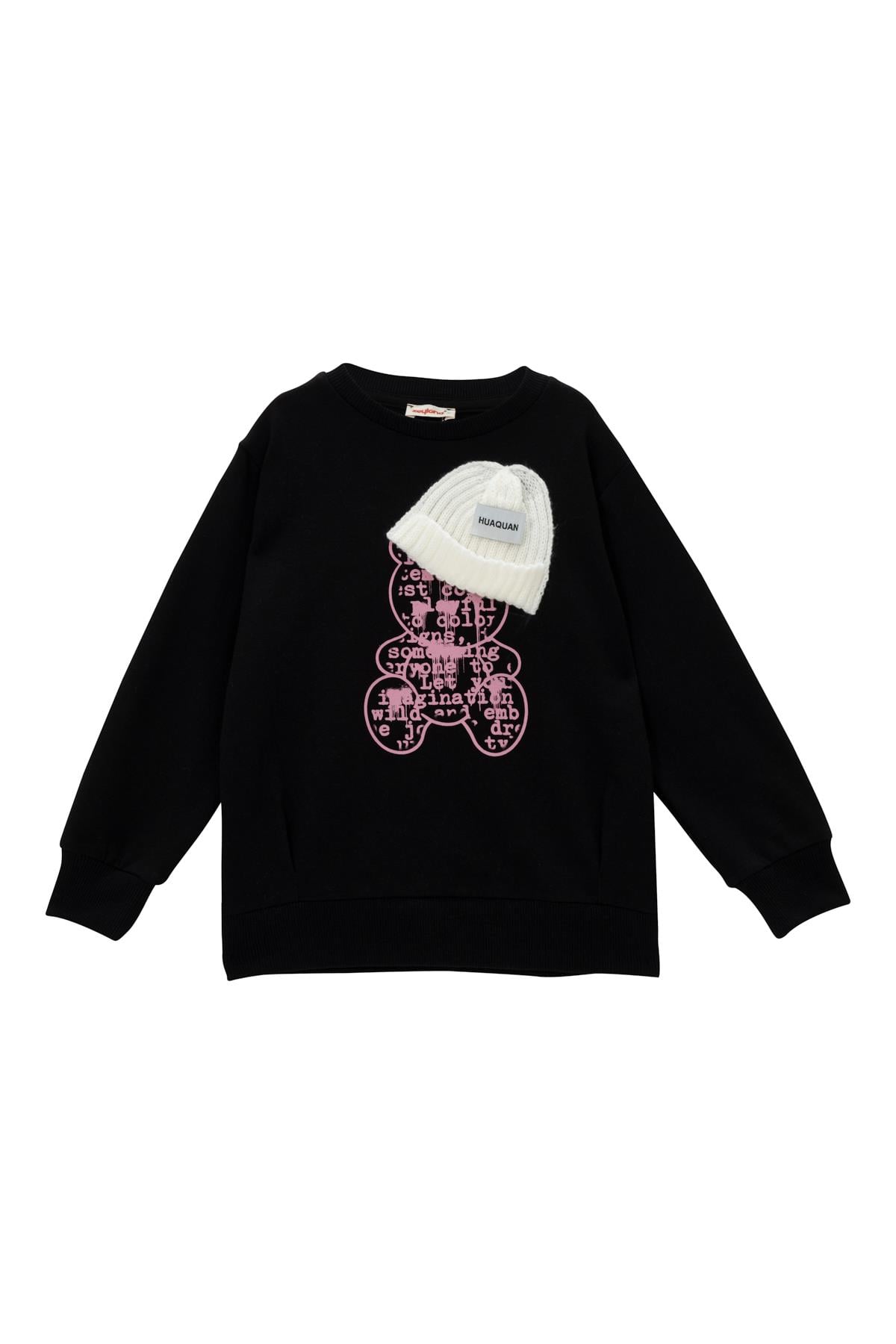 Kız Çocuk Ayı Baskı şapka Aksesuarlı Sweatshirt - Siyah