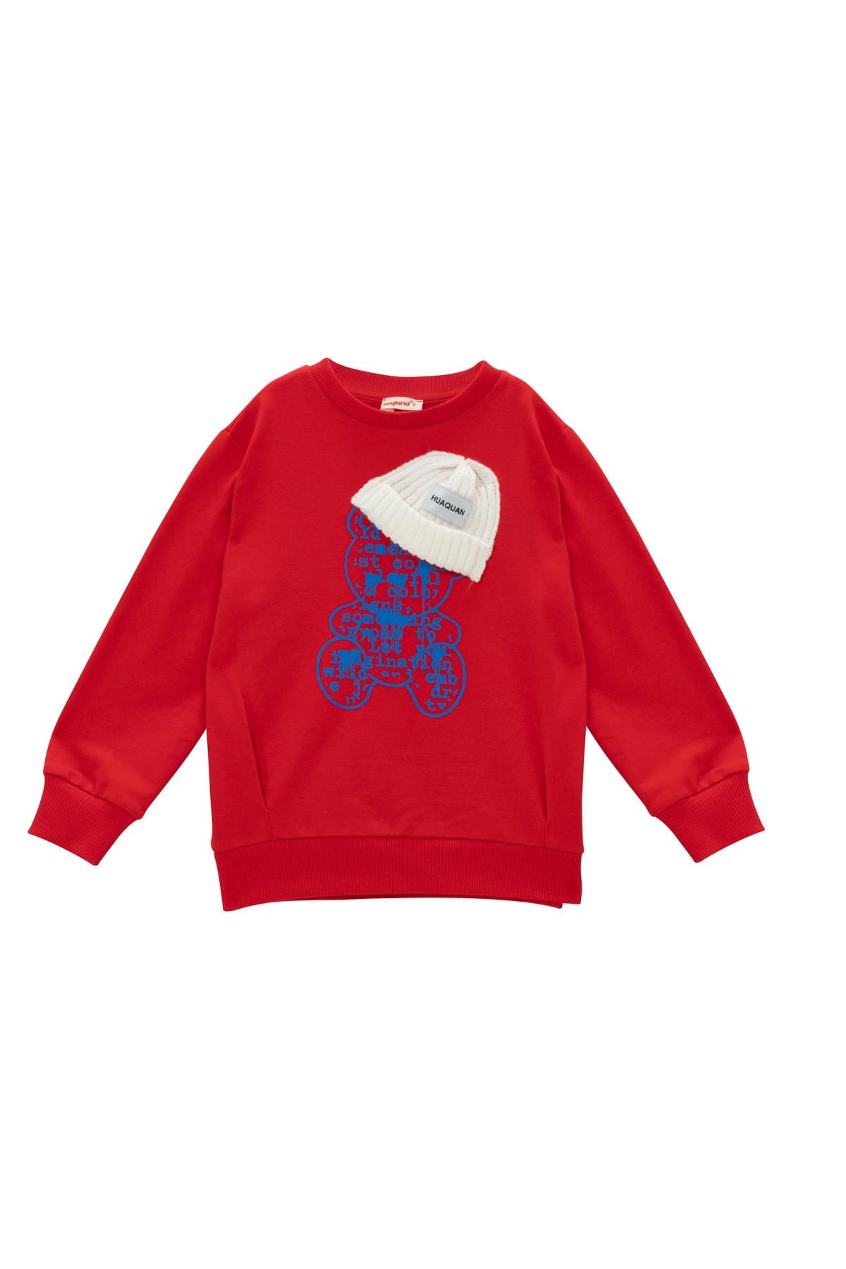 Kız Çocuk Ayı Baskı şapka Aksesuarlı Sweatshirt - Kırmızı