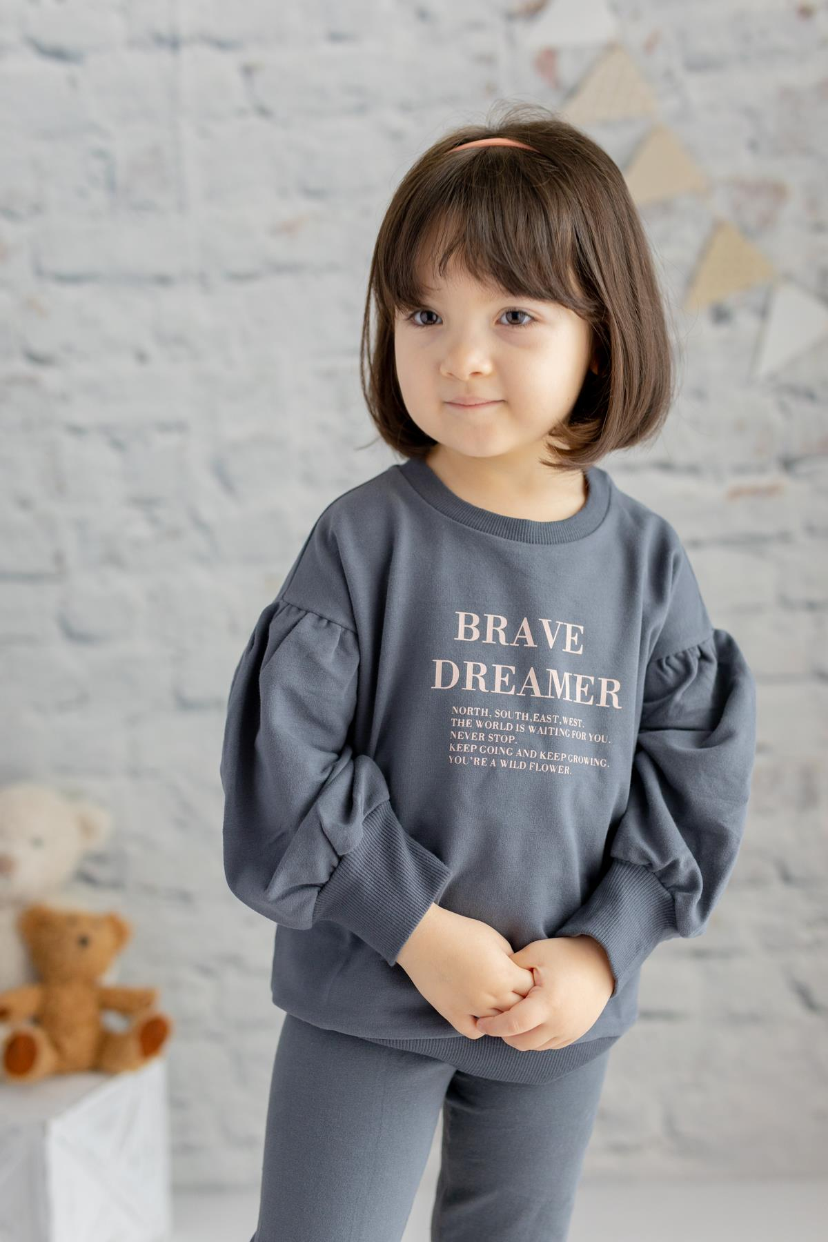Kız Çocuk Balon Kol Yazı Baskılı Sweatshirt