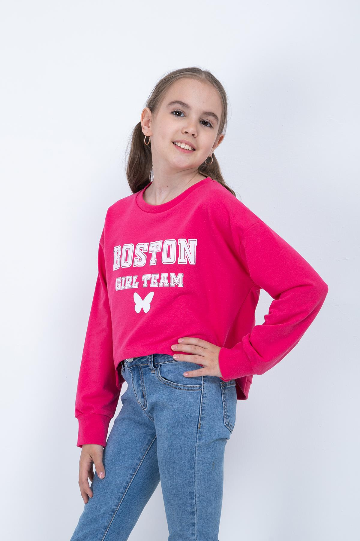 Kız Çocuk Baskılı Crop Sweatshirt