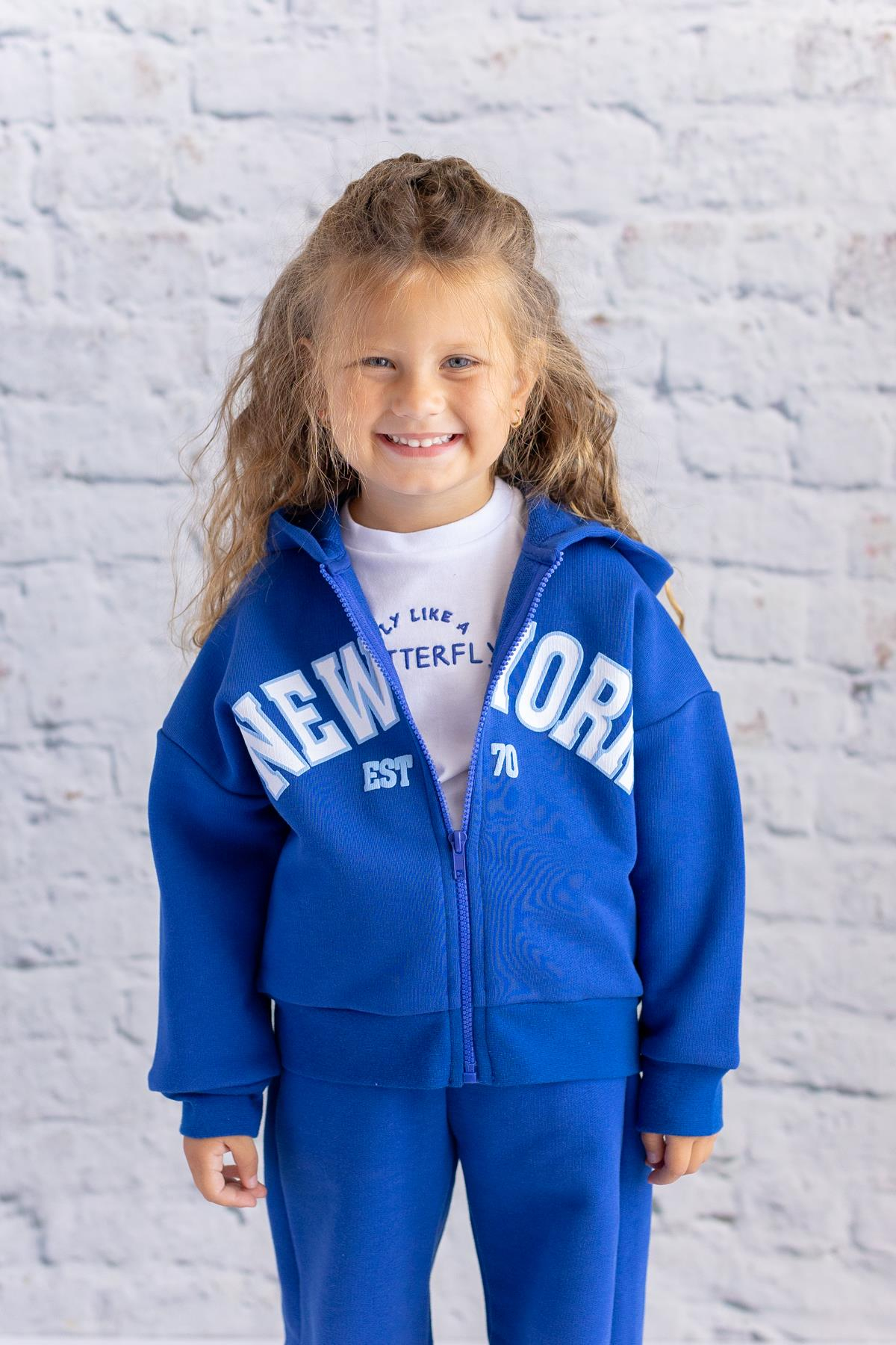 Kız Çocuk Baskılı Kapüşonlu Ceket - Sax