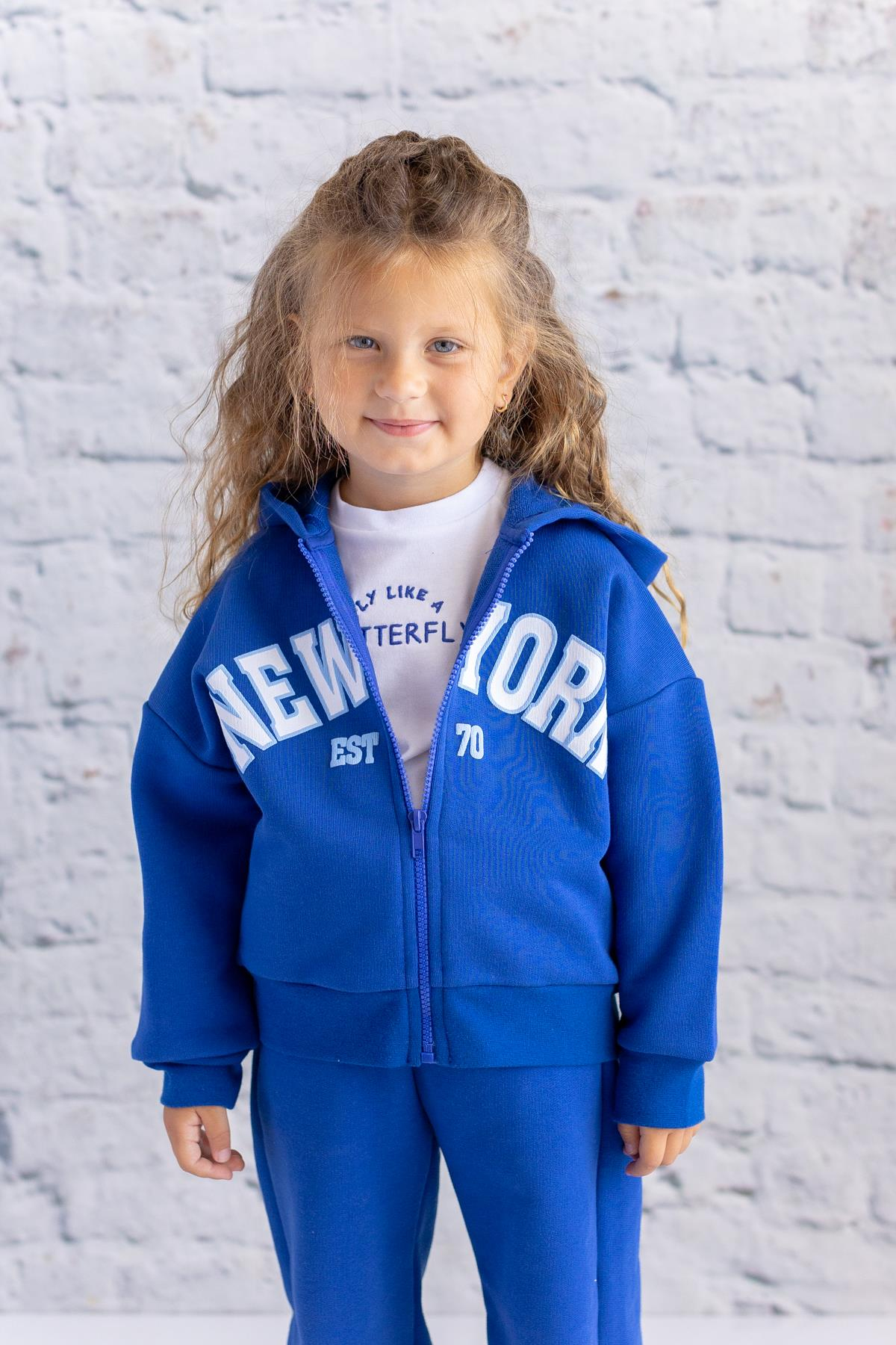 Kız Çocuk Baskılı Kapüşonlu Ceket - Sax