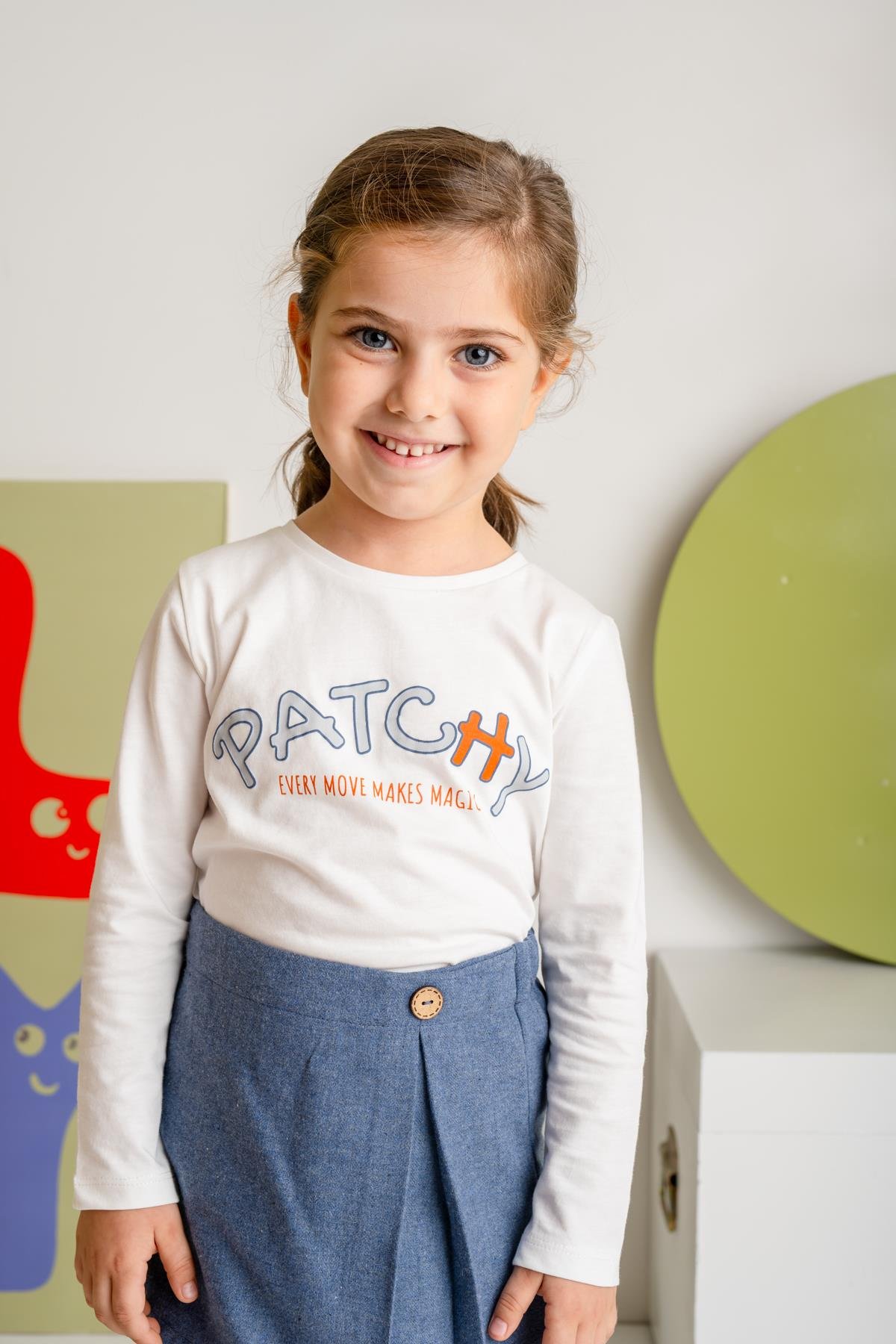 Kız Çocuk Baskılı Uzun Kol T-shirt - Ekru