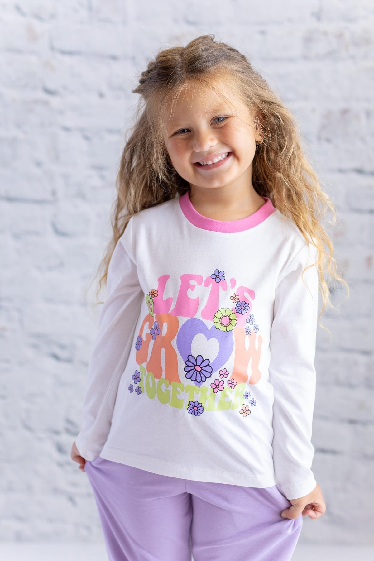 Kız Çocuk Baskılı Uzun Kollu T-Shirt - Ekru