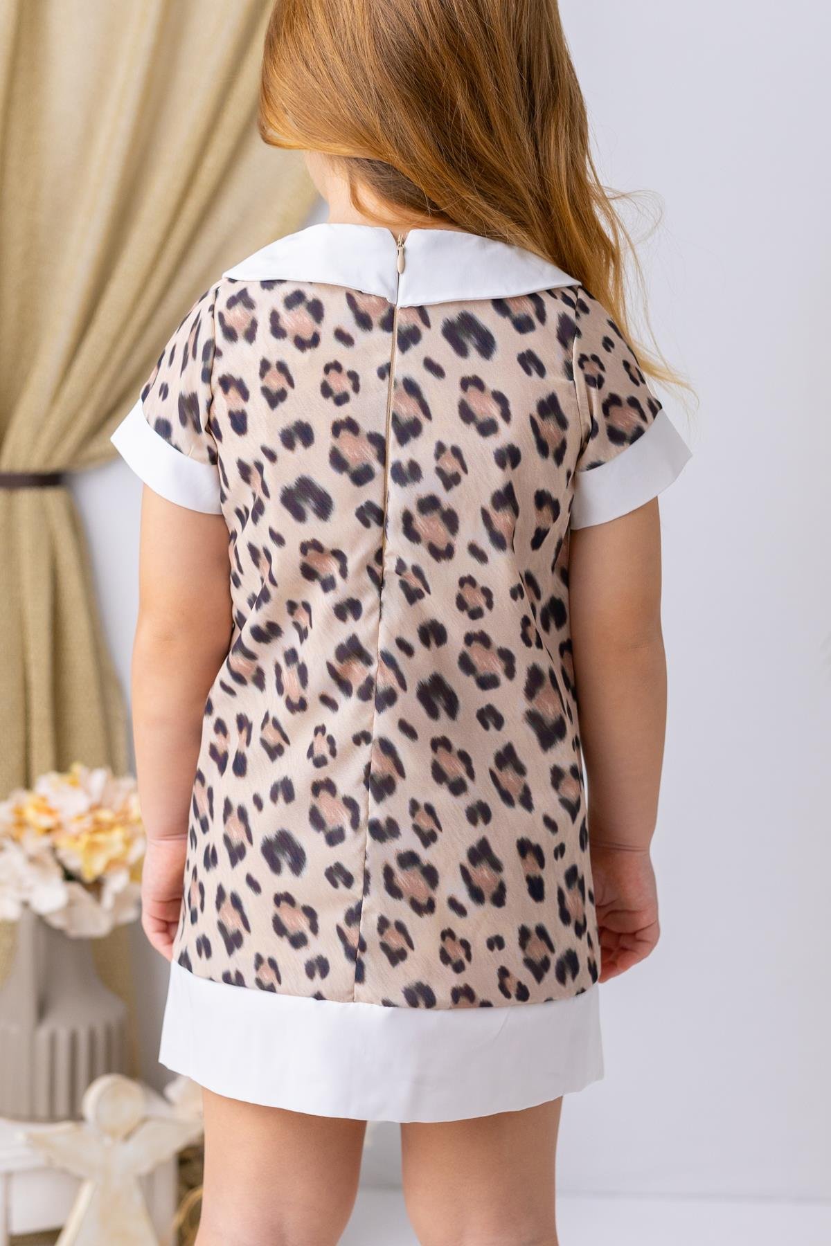 Kız Çocuk Bebe Yaka Leopar Desenli Şifon Elbise - Leopar Desenli