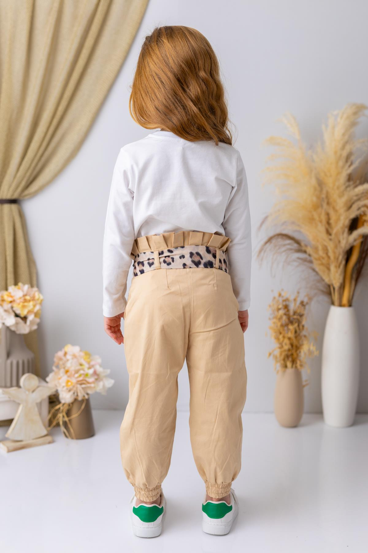 Kız Çocuk Beli Büzgülü Jogger Pantolon - Bej