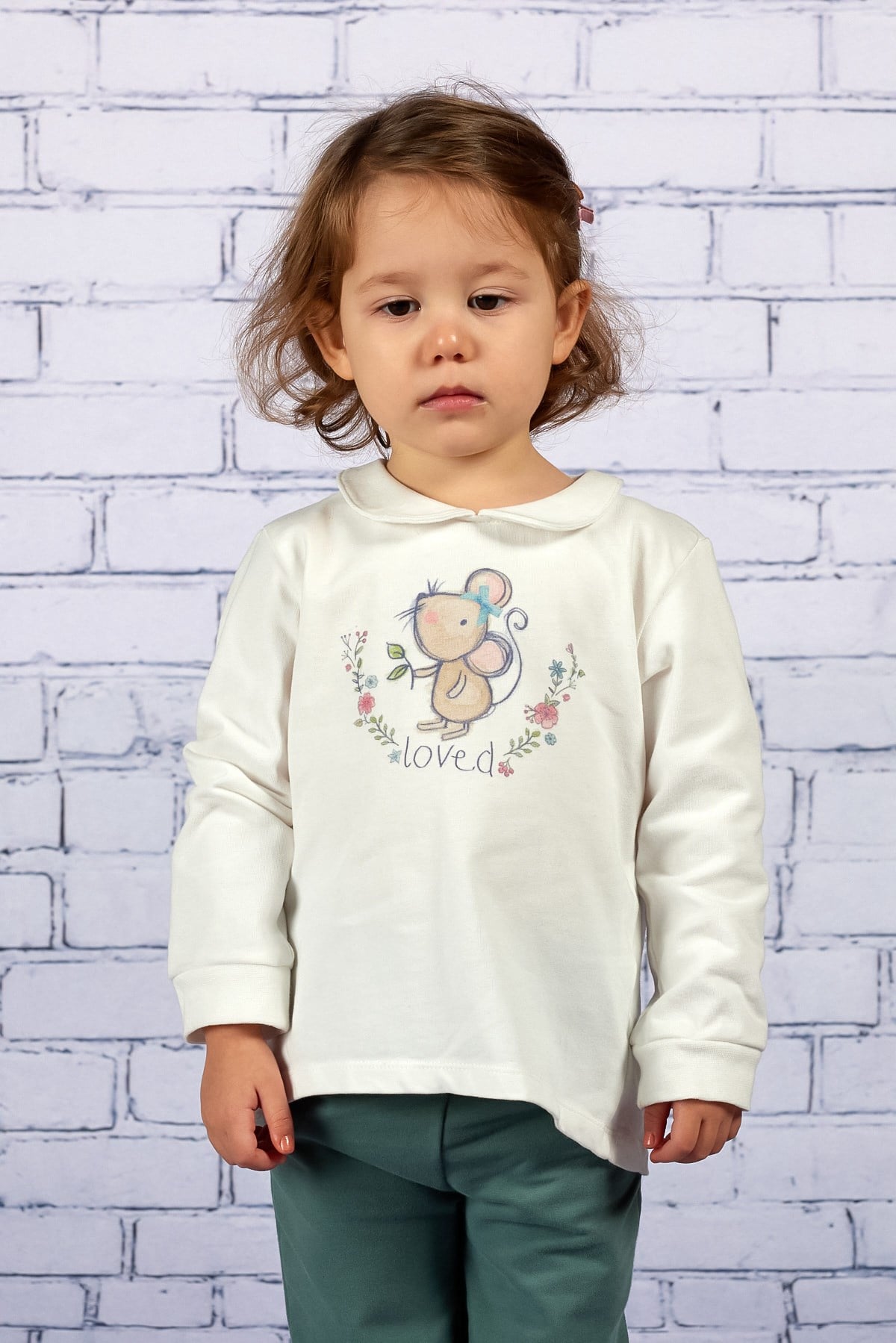 Kız Çocuk Beyaz Fare Desenli Arkadan Yırtmaçlı Sweatshirt (2-7yaş)