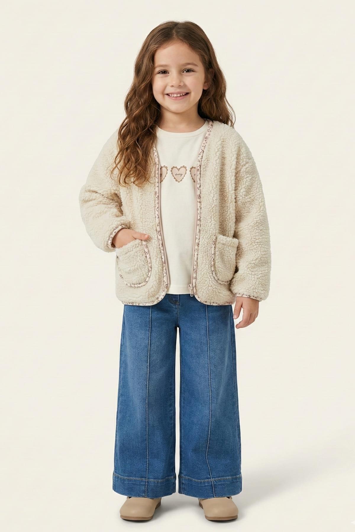 Kız Çocuk Ceketli 3'lü Takım - Bej