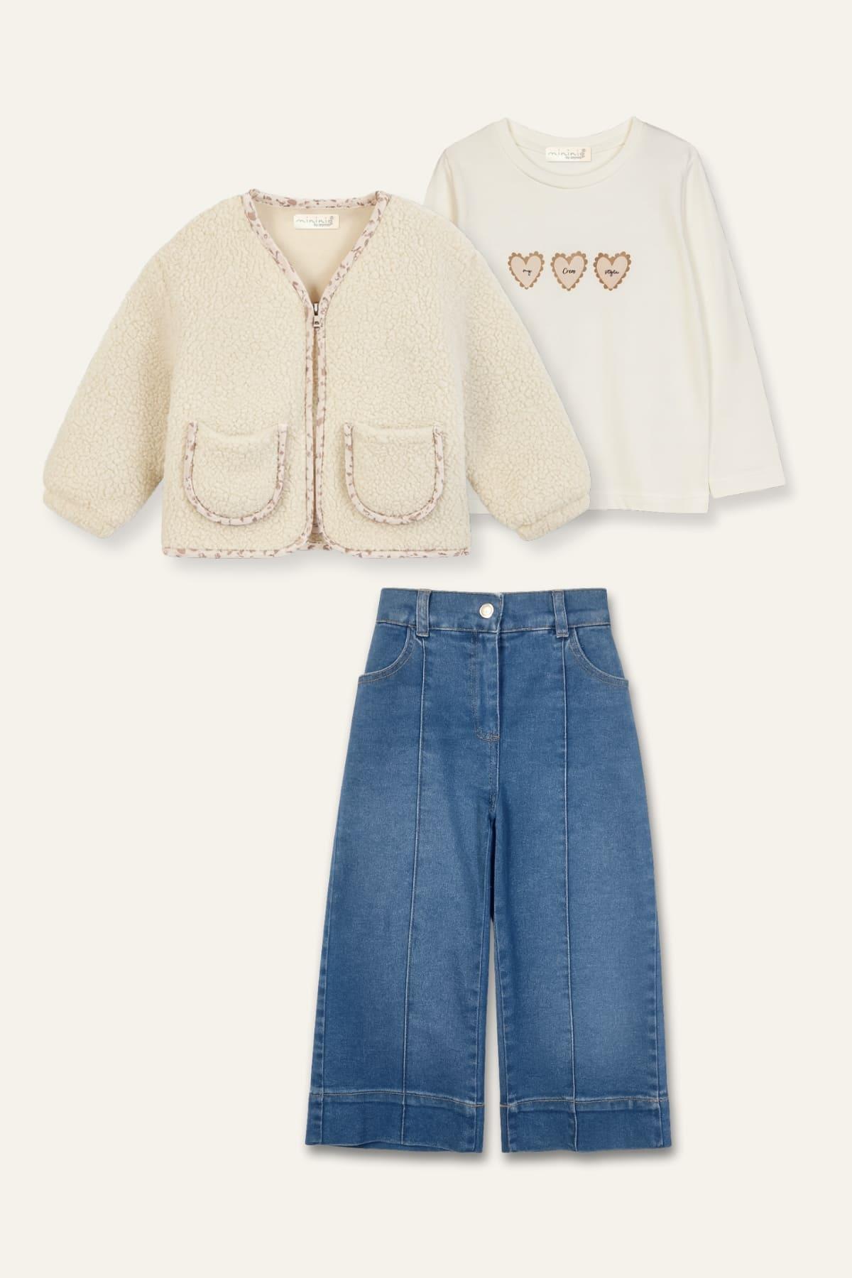 Kız Çocuk Ceketli 3'lü Takım - Bej