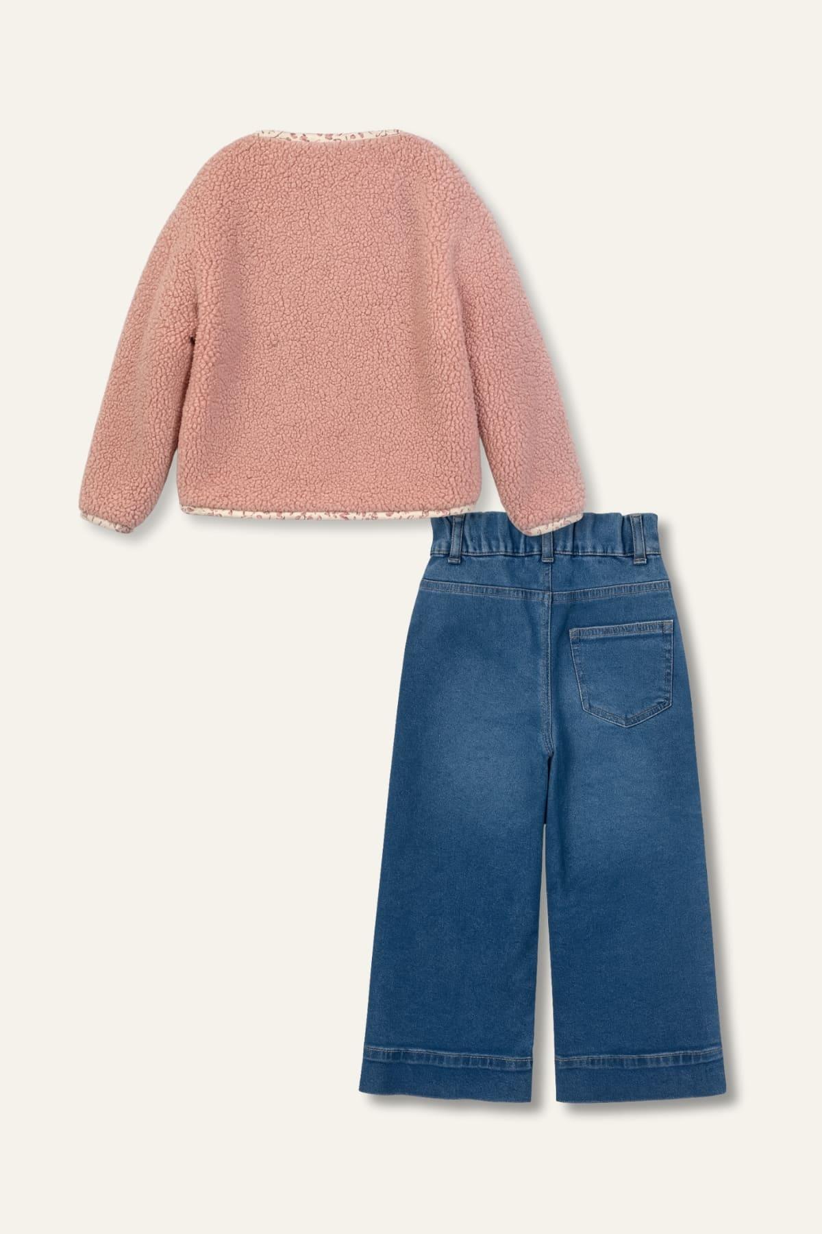 Kız Çocuk Ceketli 3'lü Takım - Pudra