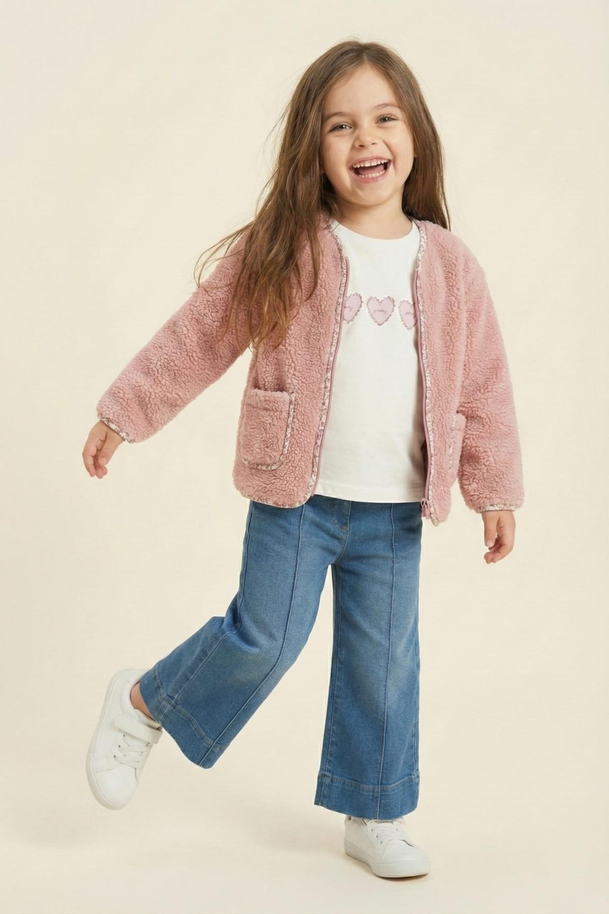 Kız Çocuk Ceketli 3'lü Takım - Pudra