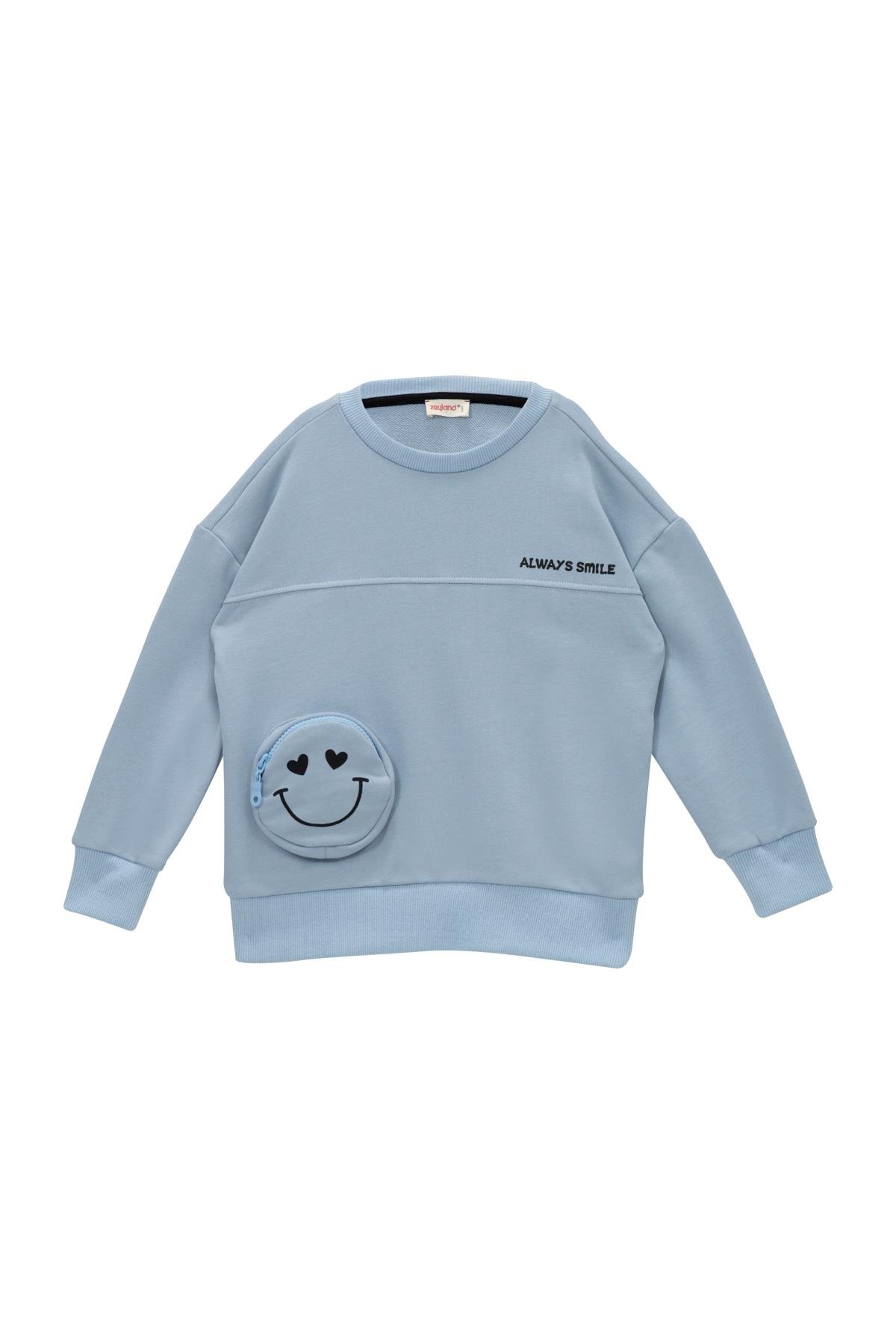 Kız Çocuk Cep Detaylı Baskılı Sweatshirt - Bebek Mavisi