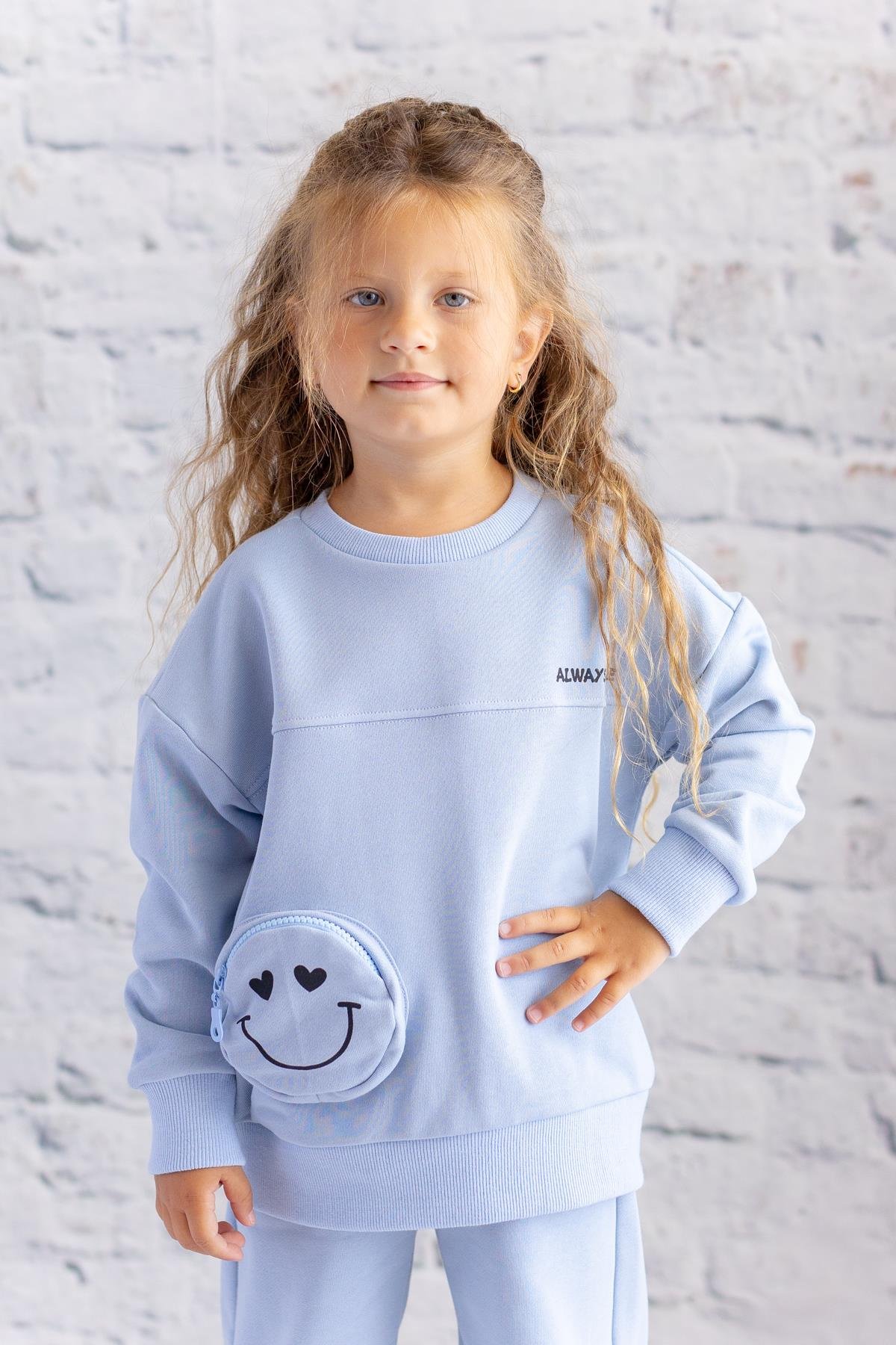 Kız Çocuk Cep Detaylı Baskılı Sweatshirt - Bebek Mavisi