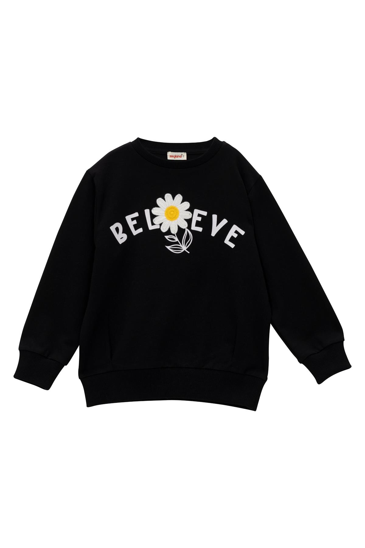 Kız Çocuk Çicek Aksesuarlı Sweatshirt - Siyah